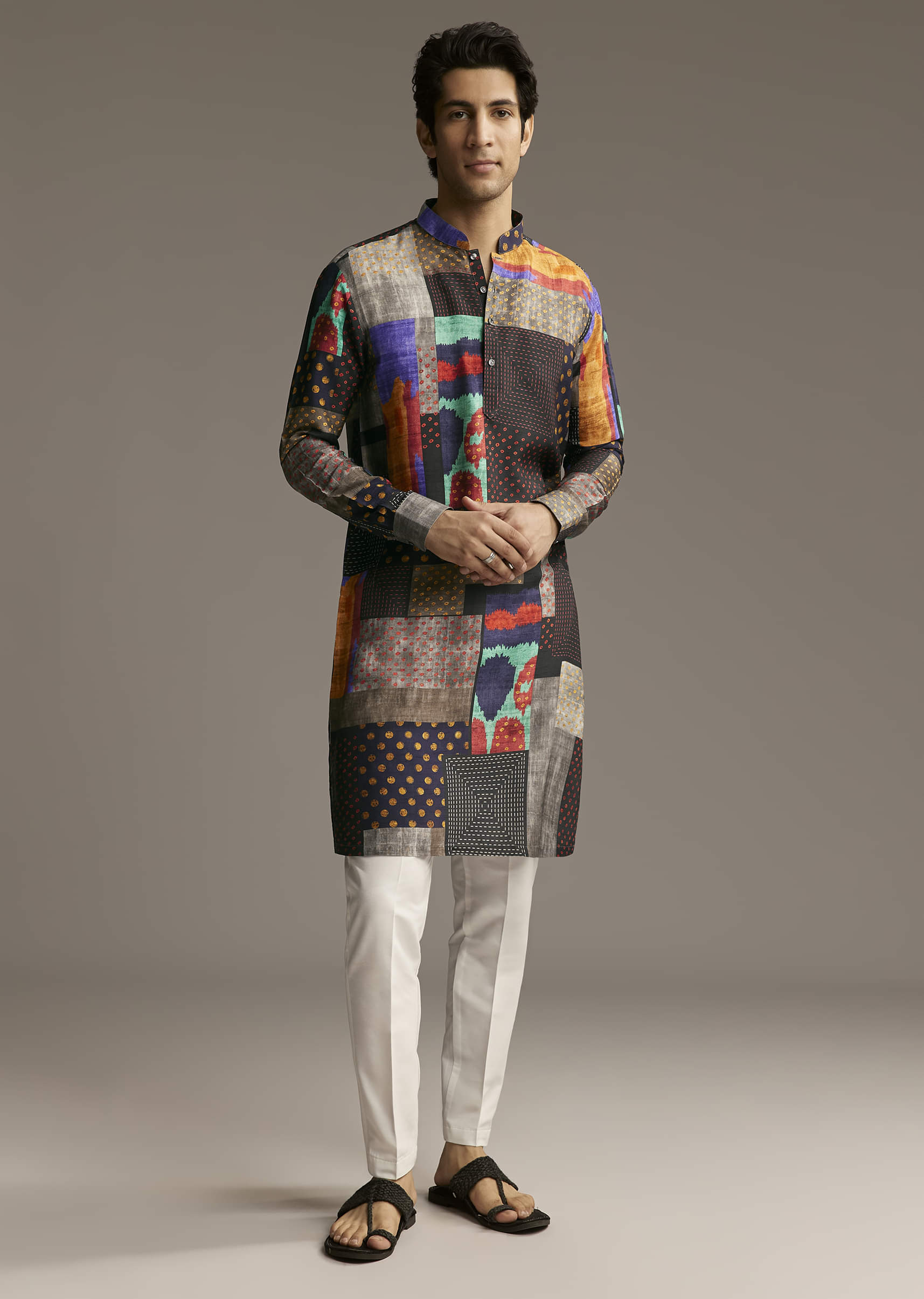 Multicolour Silk Patchwork Designer Kurta For Men - Image 7