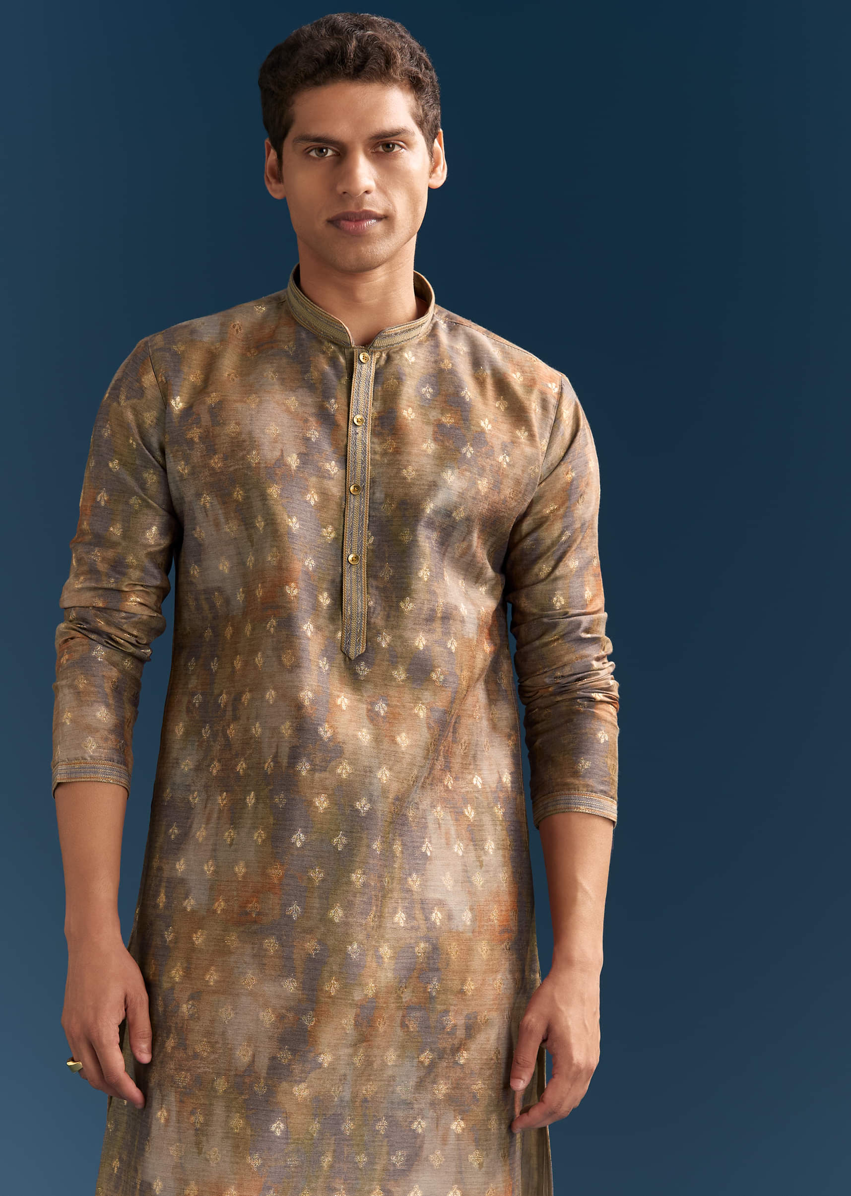 Multicolour Silk Printed Kurta Set For Men With Foil Butti Work - Image 4