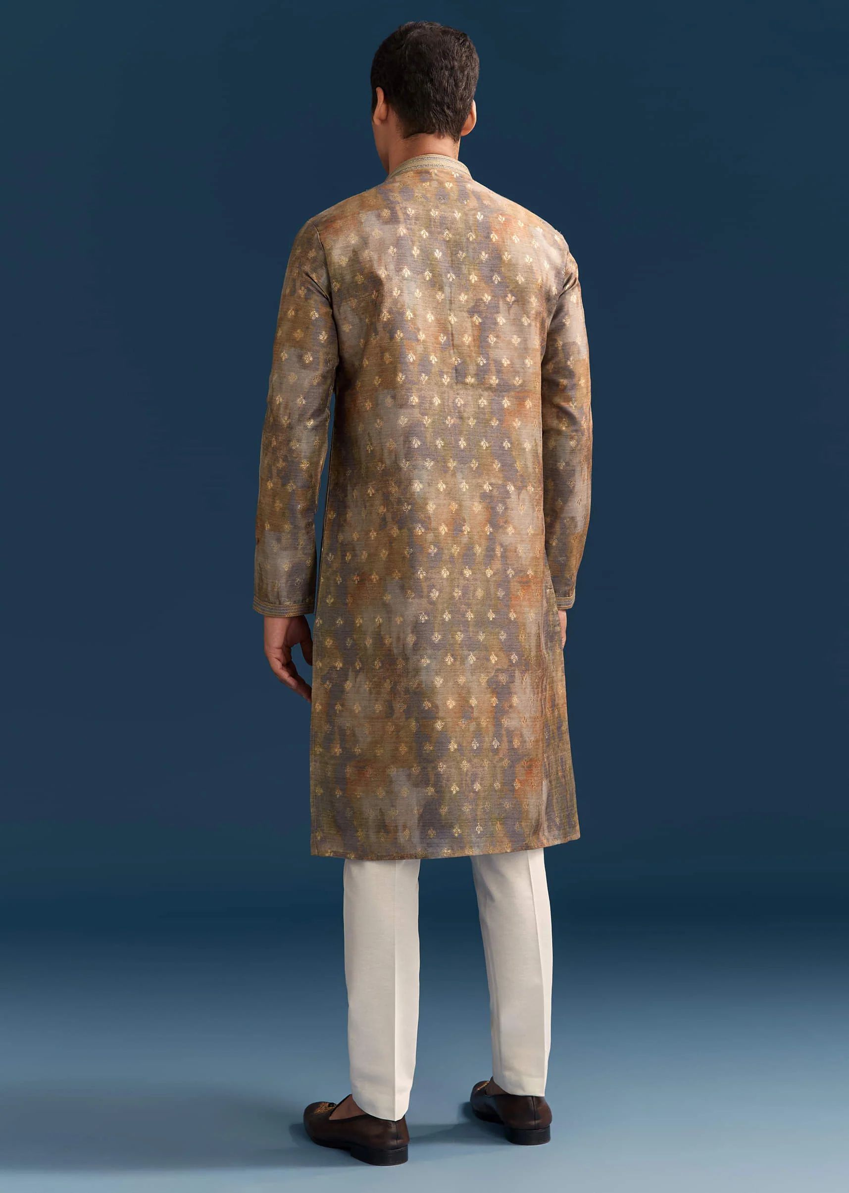Multicolour Silk Printed Kurta Set For Men With Foil Butti Work - Image 5