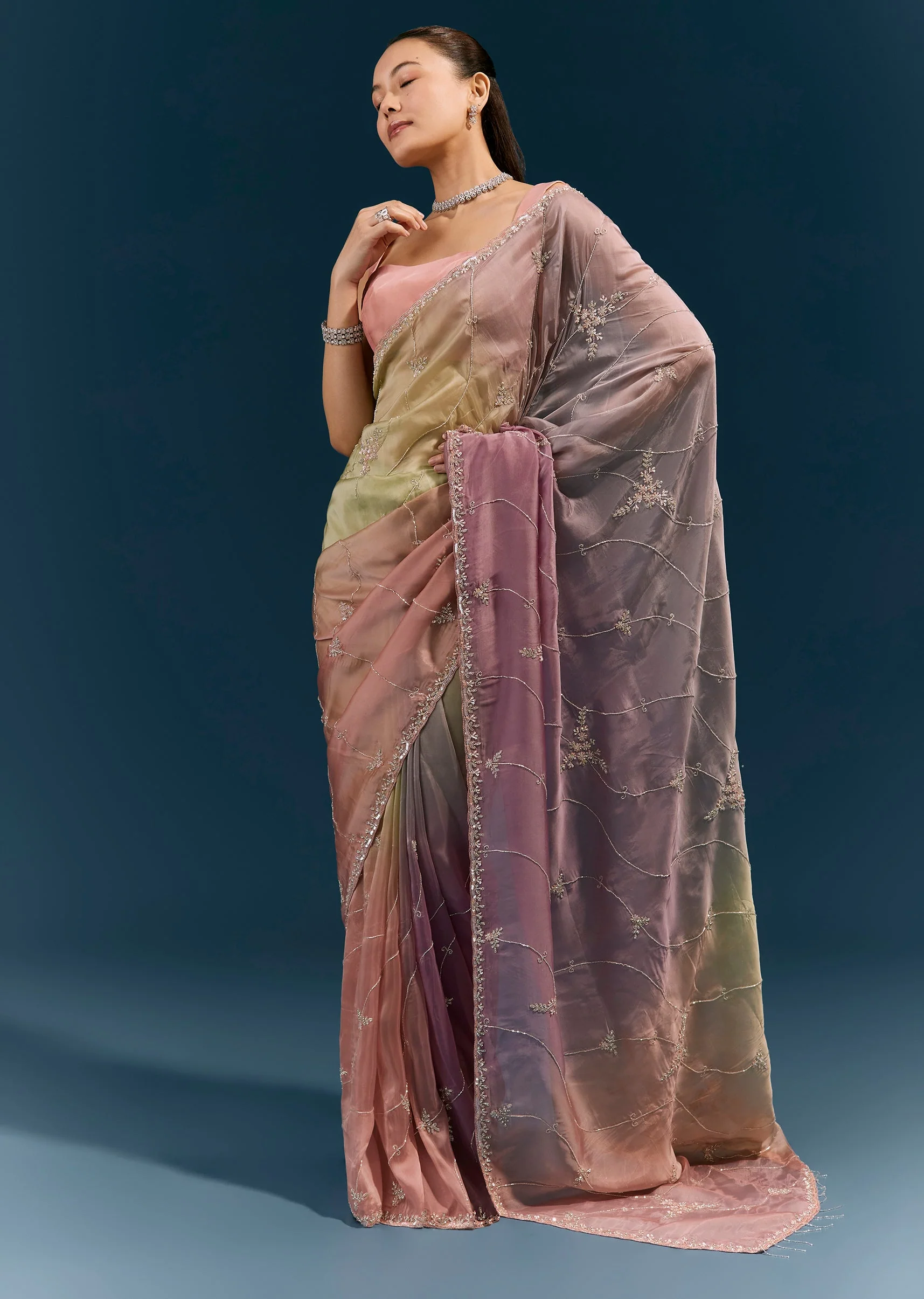 Multicolour Tissue Silk Saree With All Over Embroidery And Tasselled Pallu