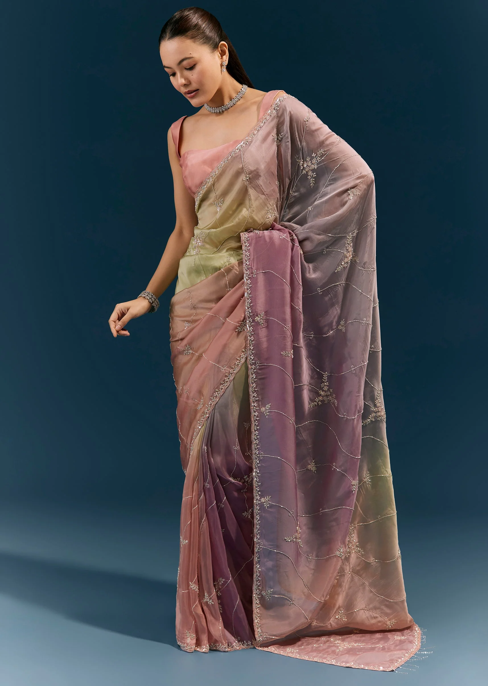 Multicolour Tissue Silk Saree With All Over Embroidery And Tasselled Pallu - Image 3