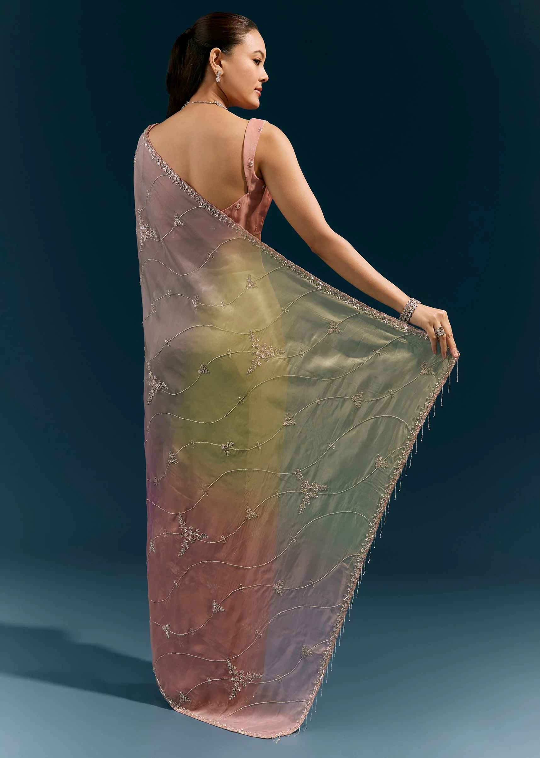 Multicolour Tissue Silk Saree With All Over Embroidery And Tasselled Pallu - Image 4