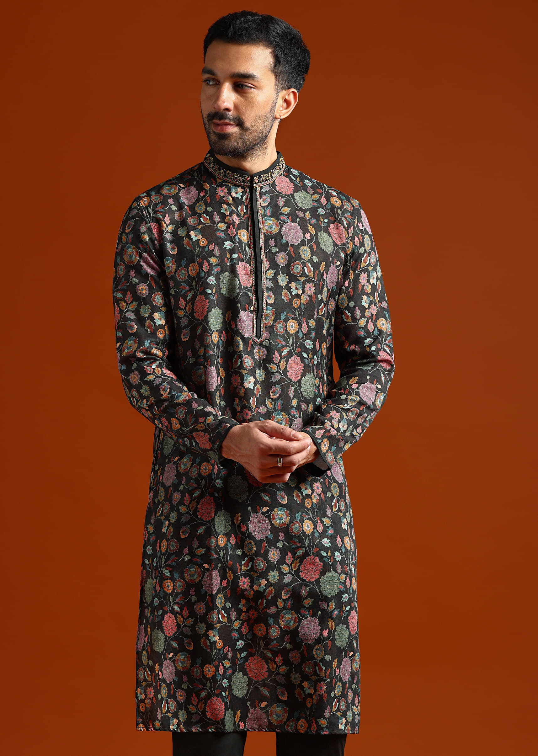 Multicolour Viscose Printed Kurta Set For Men With Heavy Hand Embroidery - Image 3