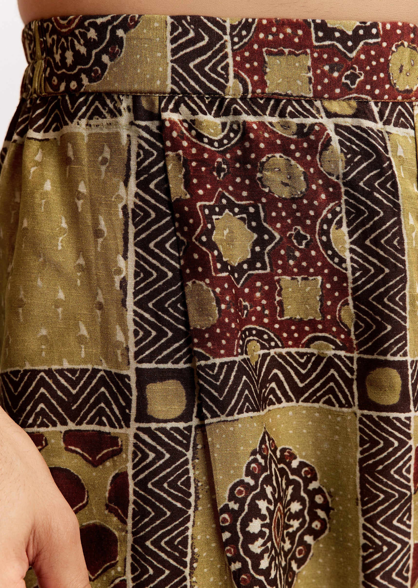 Mustard Ajrakh Cultural Pair – Indie Print Zari Kurta Set For Her And Yellow Linen Ajrakh Kurta Set For Him - Image 11