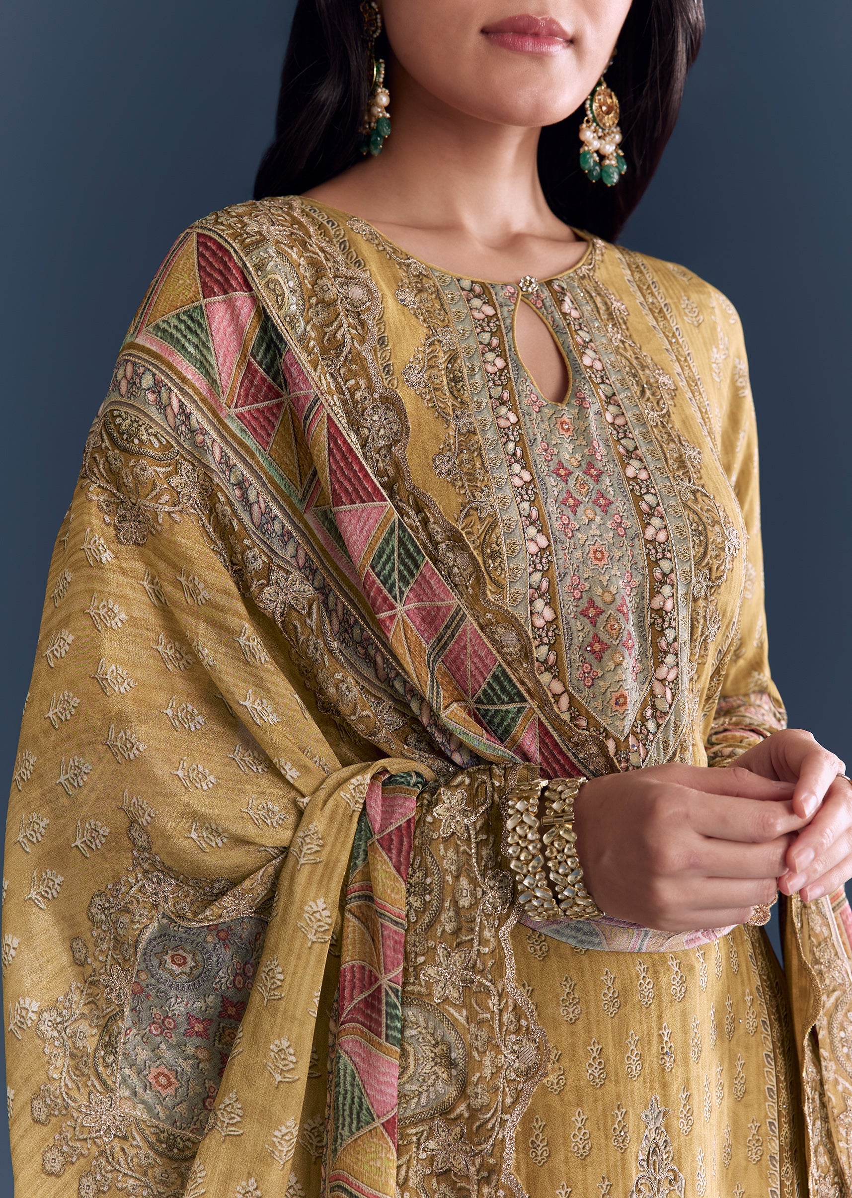 Mustard Ajrakh Cultural Pair – Indie Print Zari Kurta Set For Her And Yellow Linen Ajrakh Kurta Set For Him - Image 2