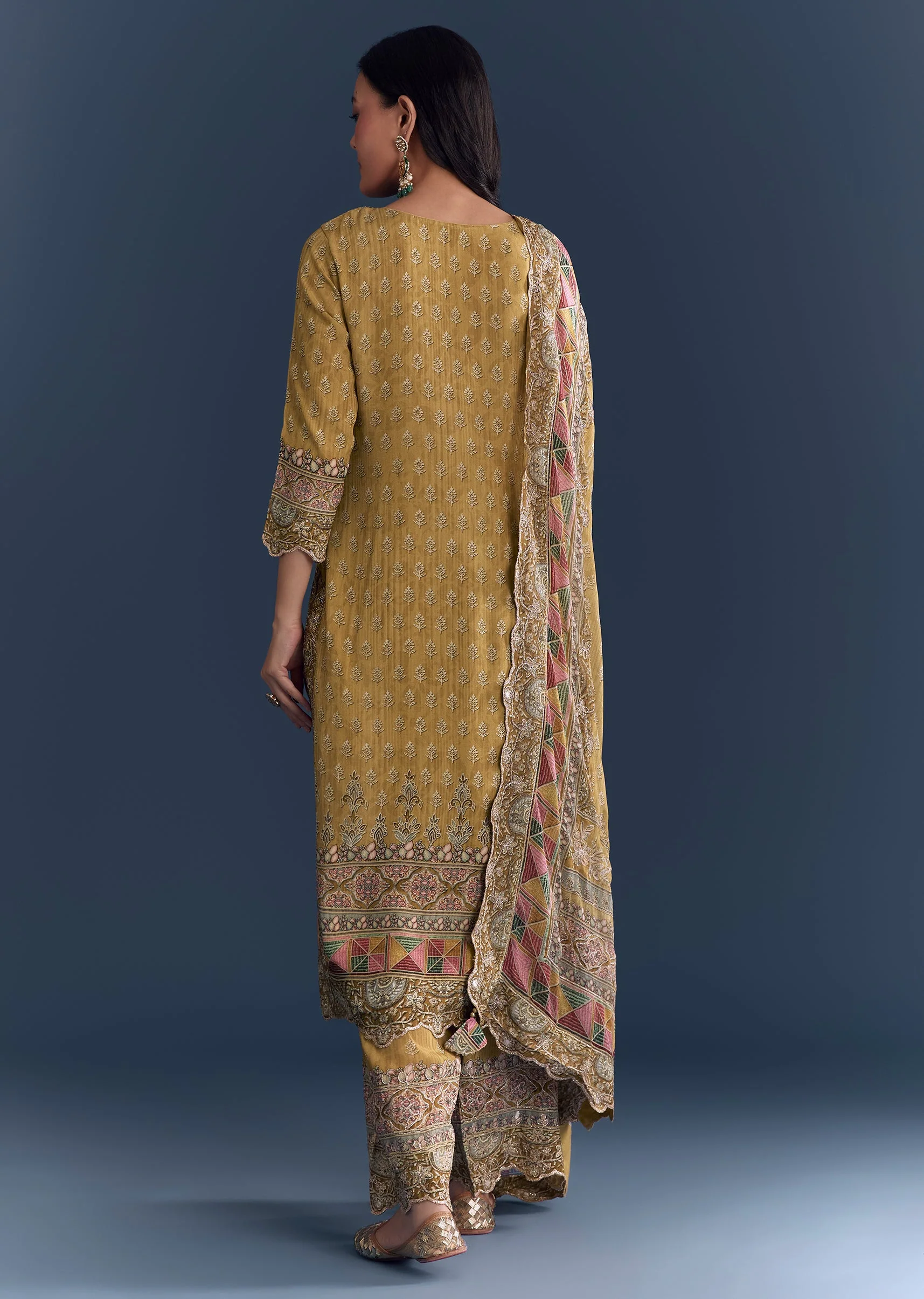 Mustard Ajrakh Cultural Pair – Indie Print Zari Kurta Set For Her And Yellow Linen Ajrakh Kurta Set For Him - Image 5