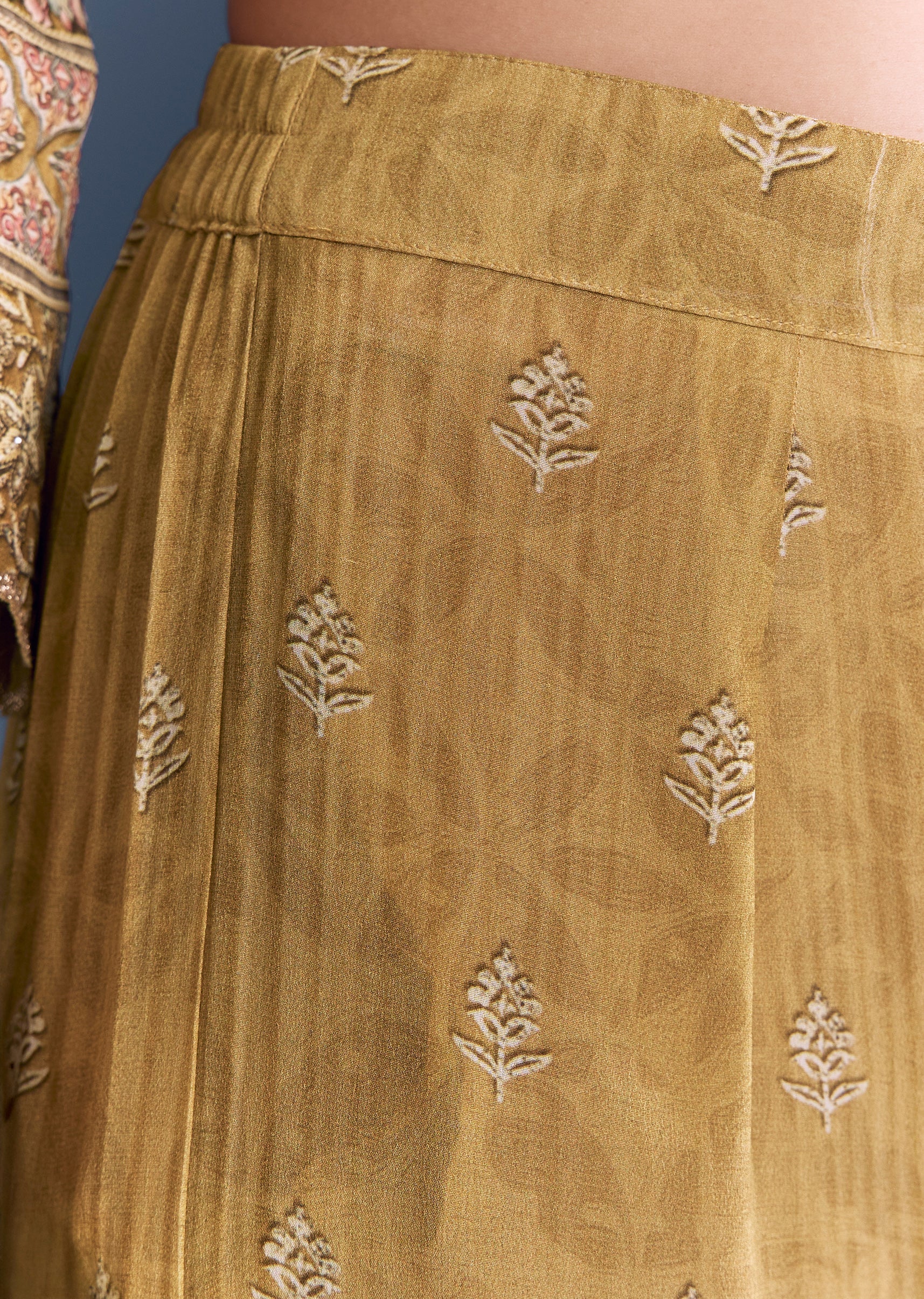 Mustard Ajrakh Cultural Pair – Indie Print Zari Kurta Set For Her And Yellow Linen Ajrakh Kurta Set For Him - Image 6