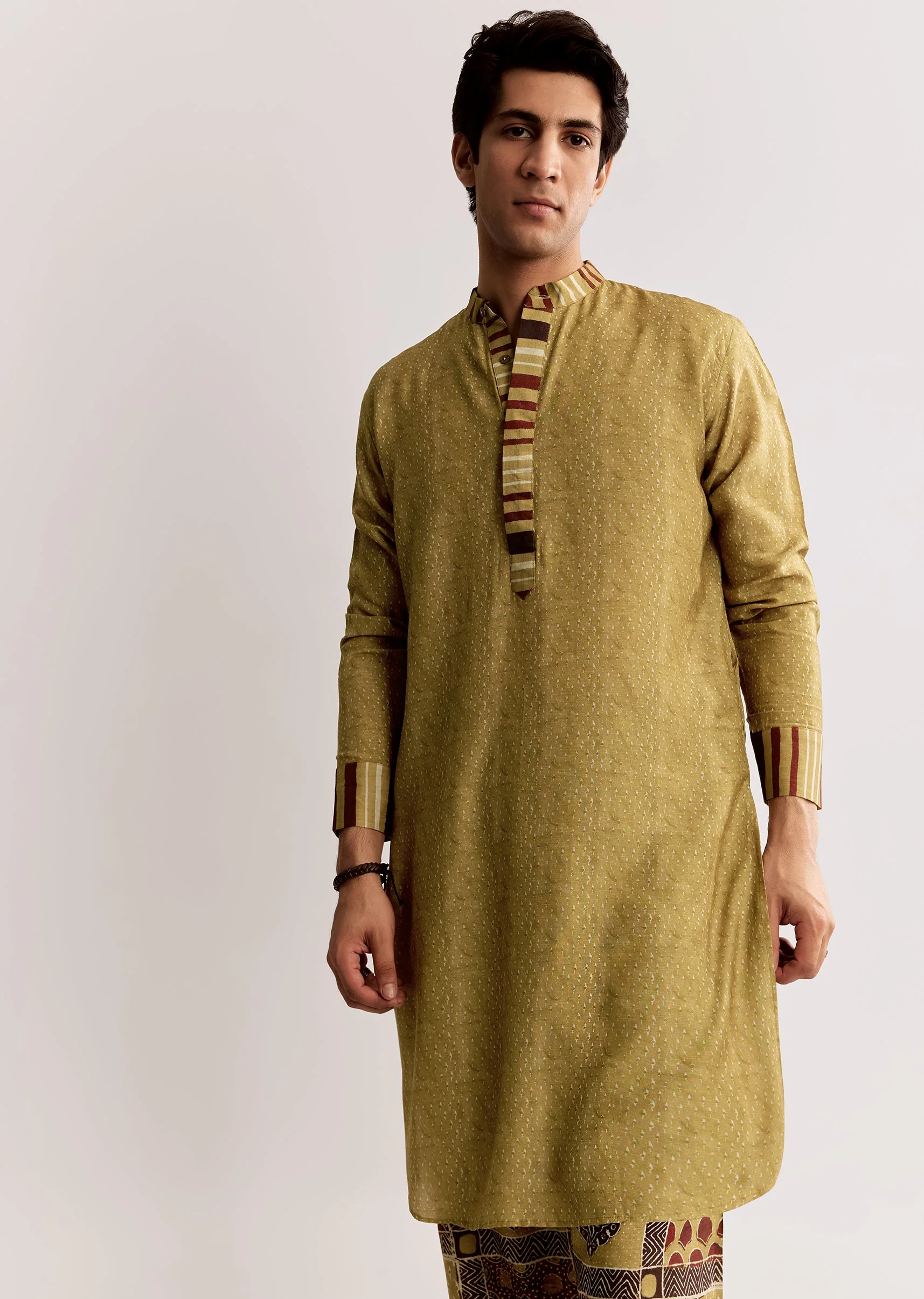 Mustard Ajrakh Cultural Pair – Indie Print Zari Kurta Set For Her And Yellow Linen Ajrakh Kurta Set For Him - Image 9