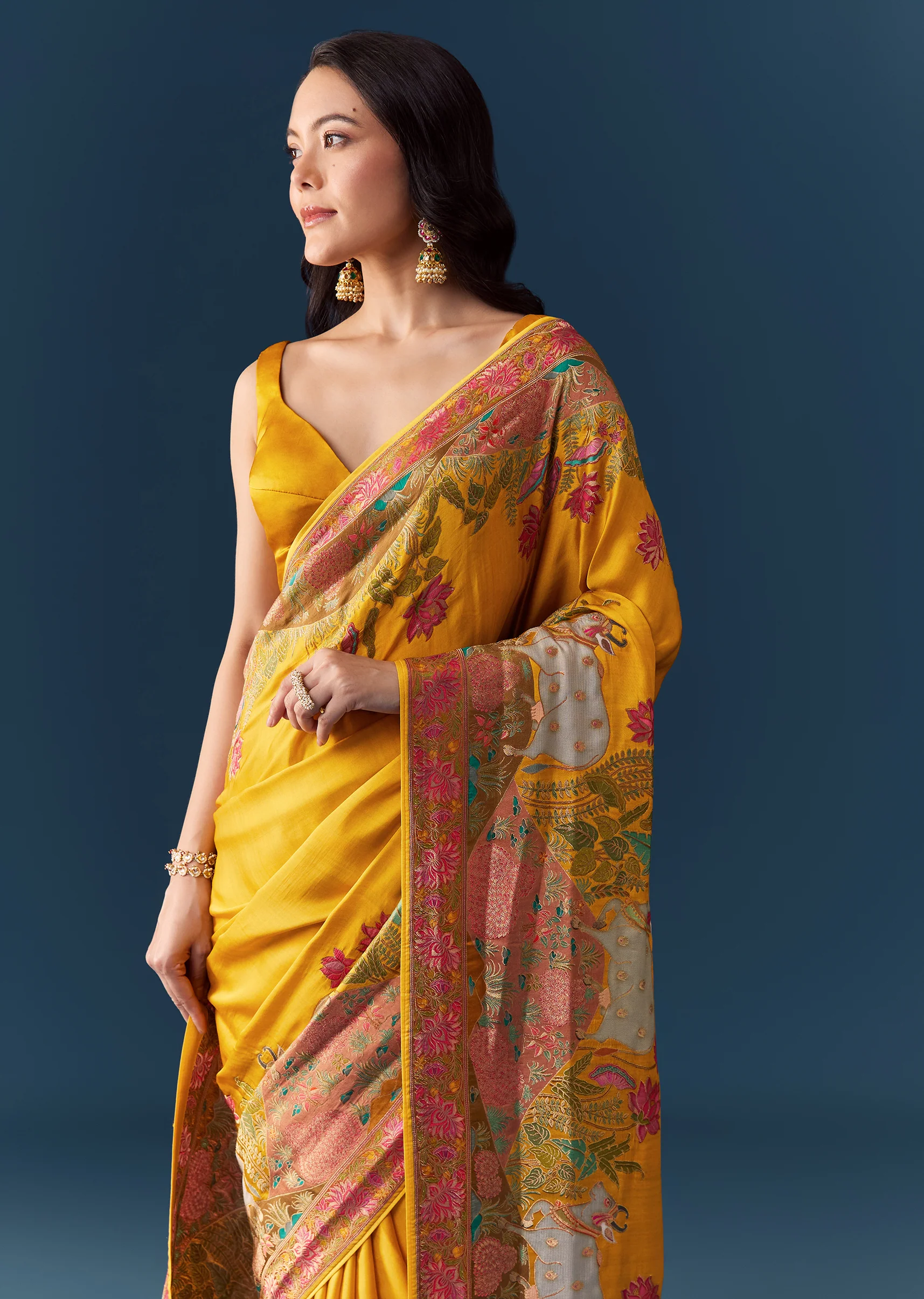 Mustard Banarasi Silk Woven Saree with Unstitched Blouse - Image 5