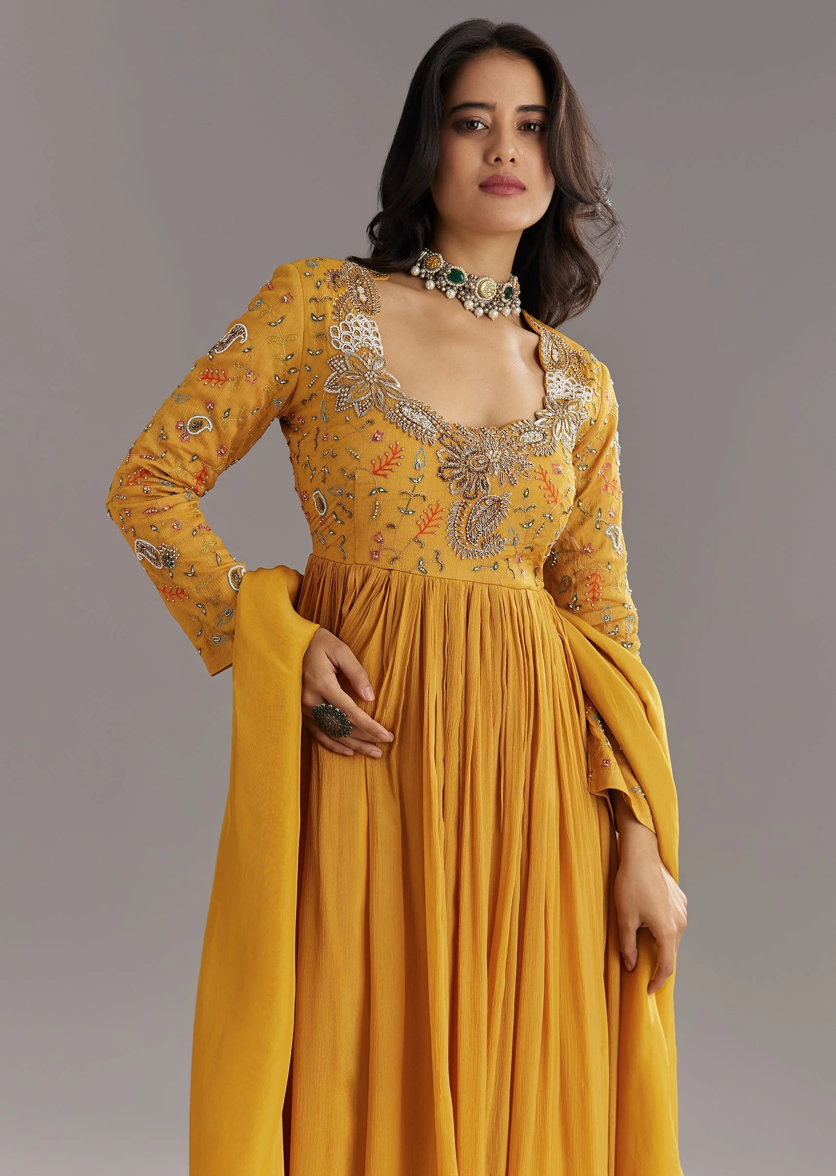 Mustard Chinon Anarkali Set With Moti Zari and Cut Dana Embroidery - Image 2