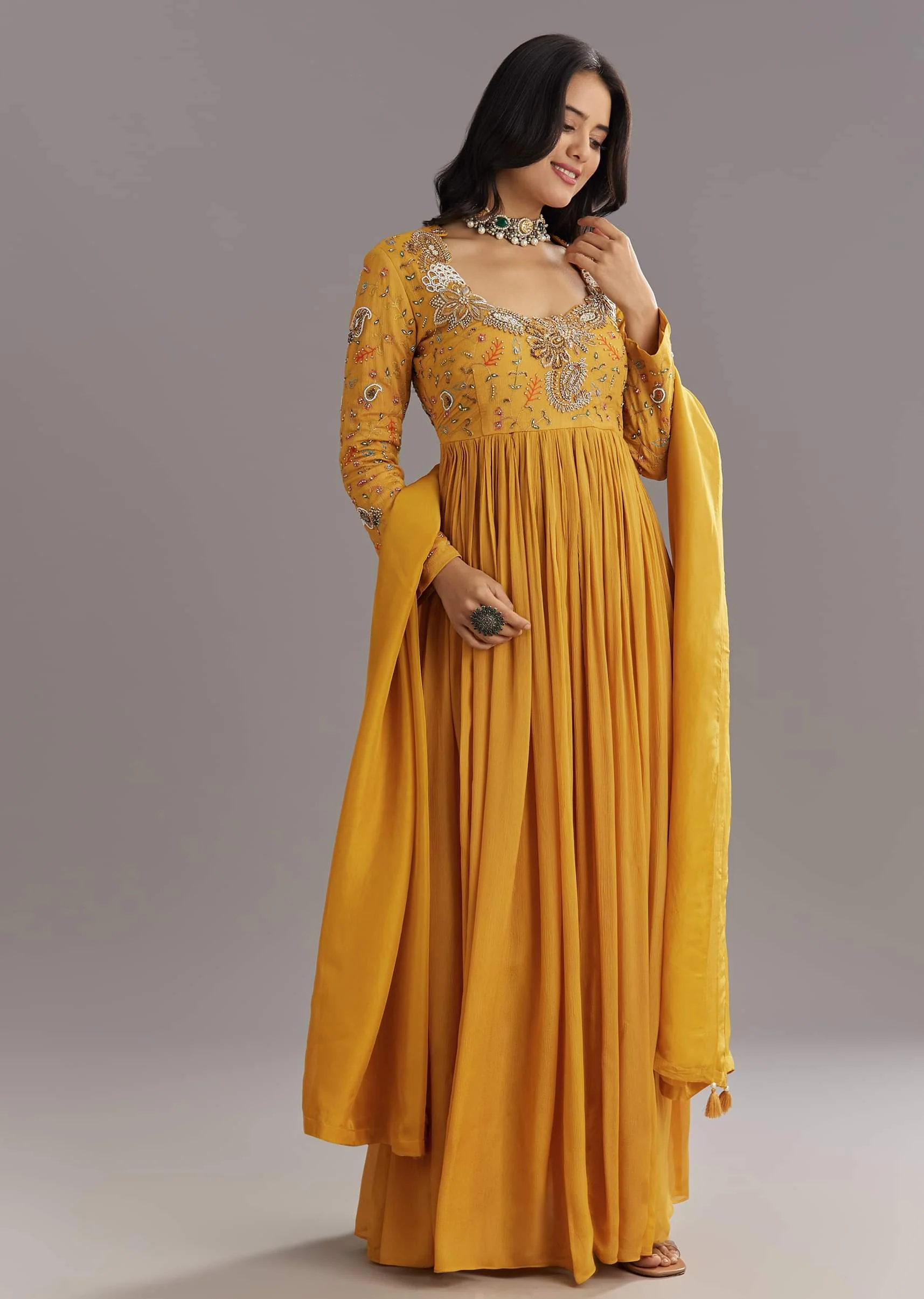 Mustard Chinon Anarkali Set With Moti Zari and Cut Dana Embroidery - Image 3