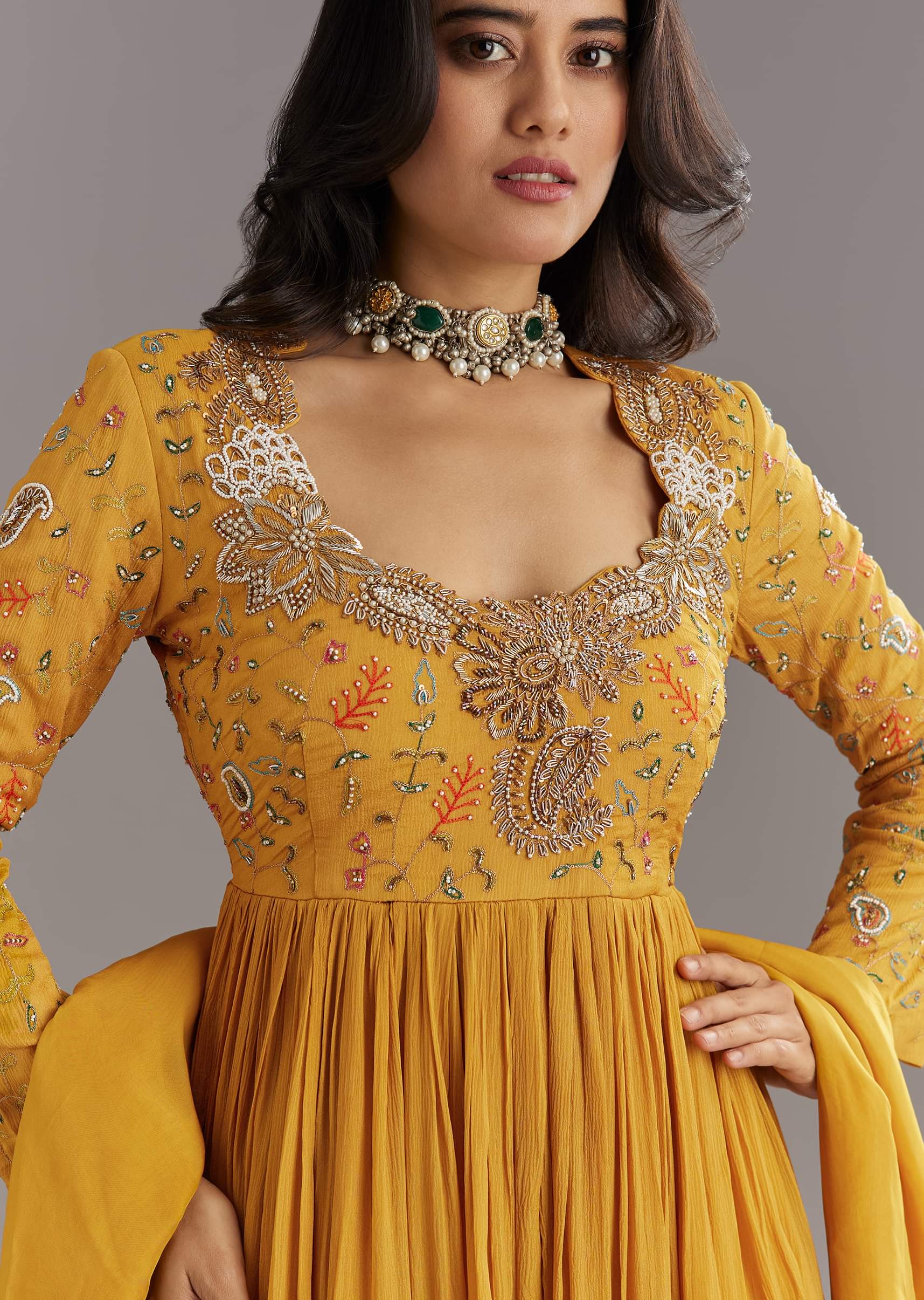Mustard Chinon Anarkali Set With Moti Zari and Cut Dana Embroidery - Image 4