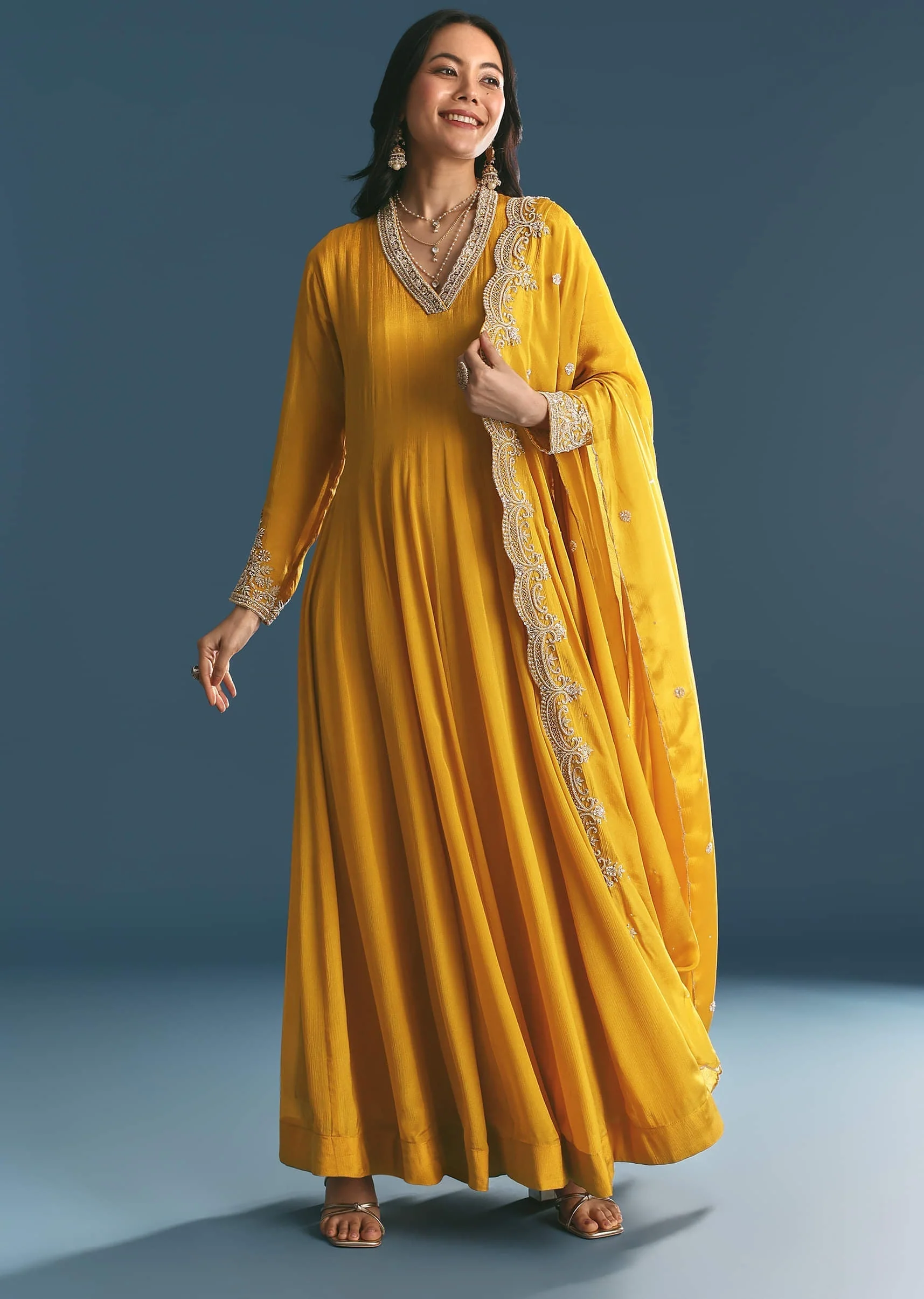 Mustard Chinon Anarkali Suit With Zardosi Work Dupatta - Image 4