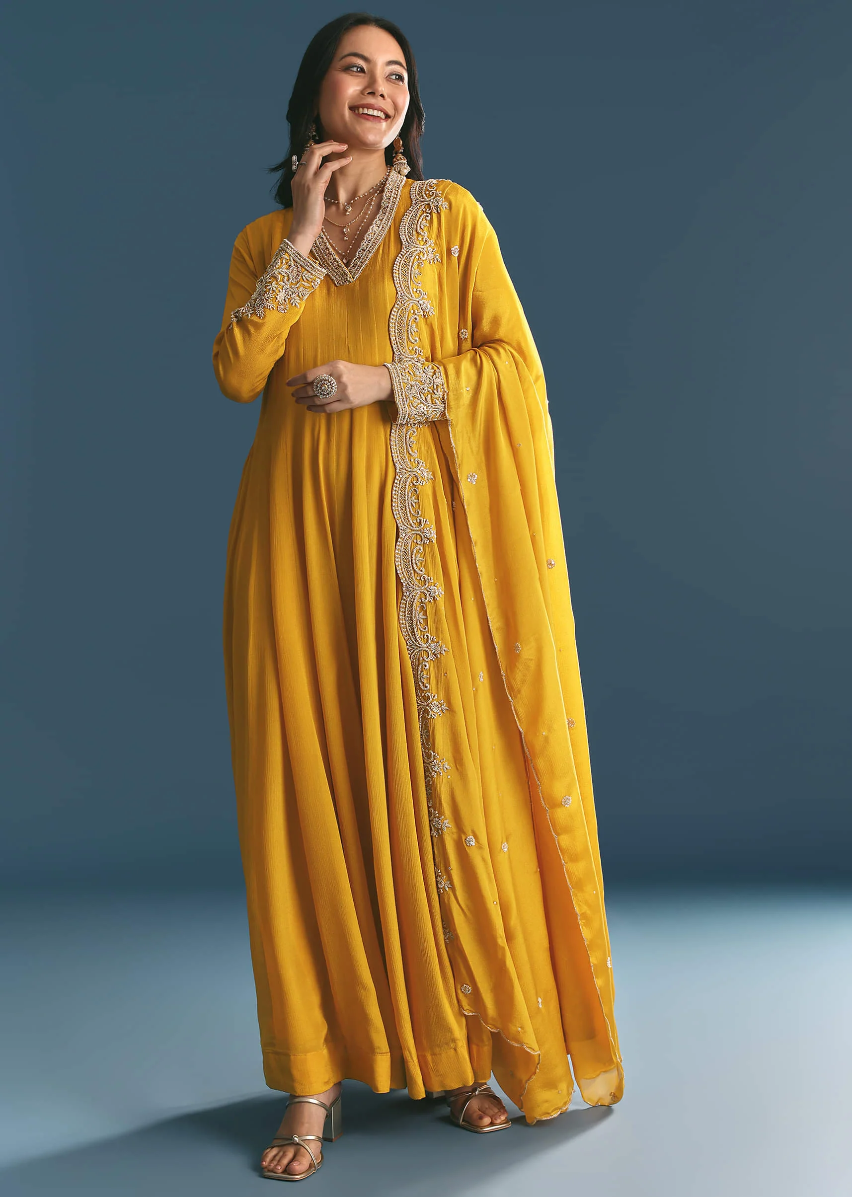 Mustard Chinon Anarkali Suit With Zardosi Work Dupatta - Image 6