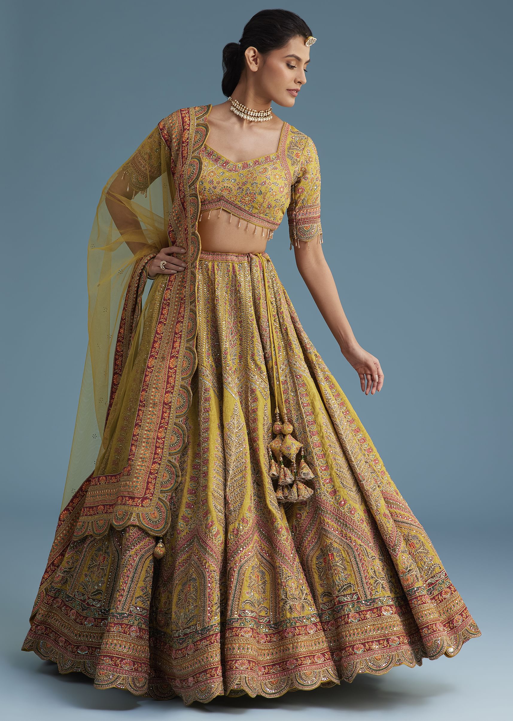 Mustard Crepe Lehenga Set With Floral Motif And Embroidery - Image 3