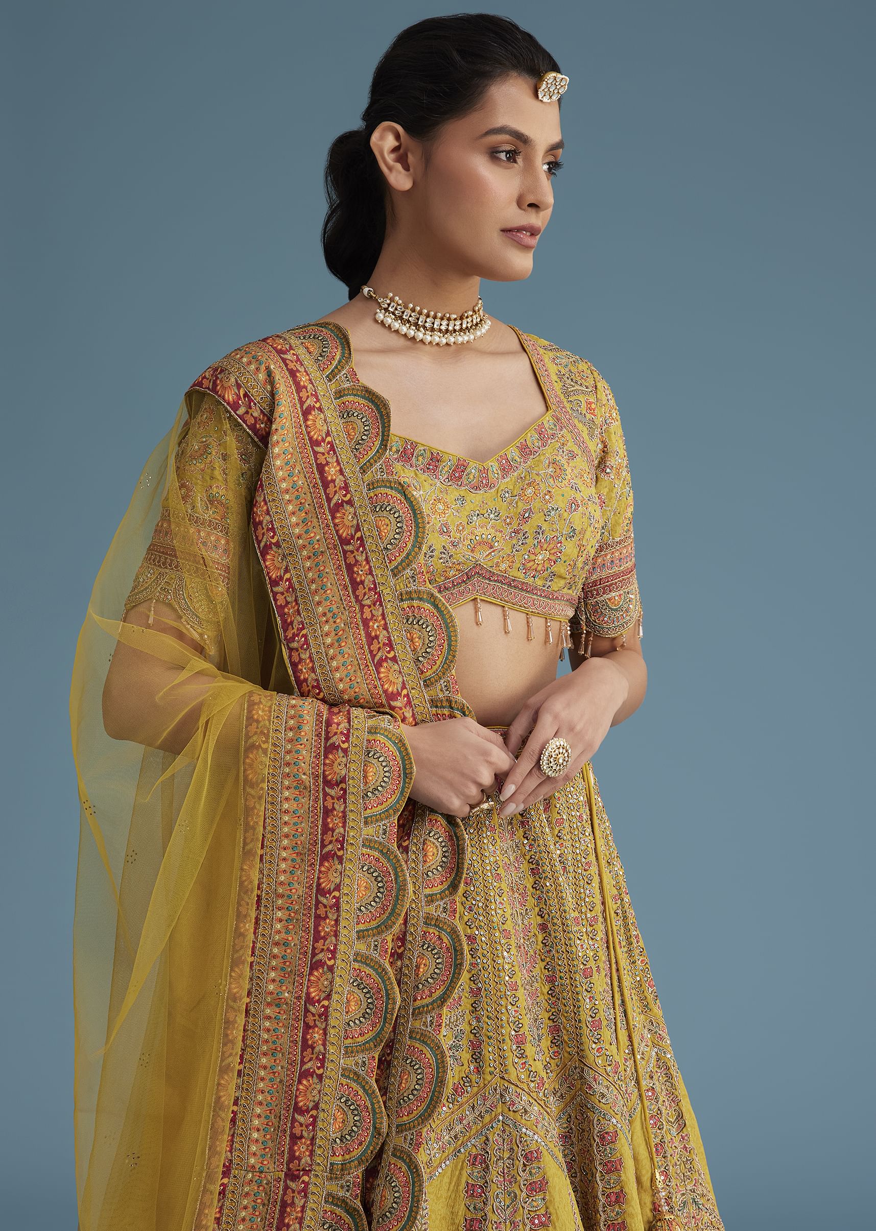 Mustard Crepe Lehenga Set With Floral Motif And Embroidery - Image 4
