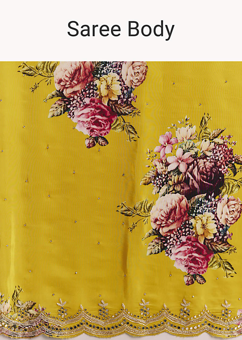 Mustard Crepe Saree With Floral Print And Mirror Border - Image 9