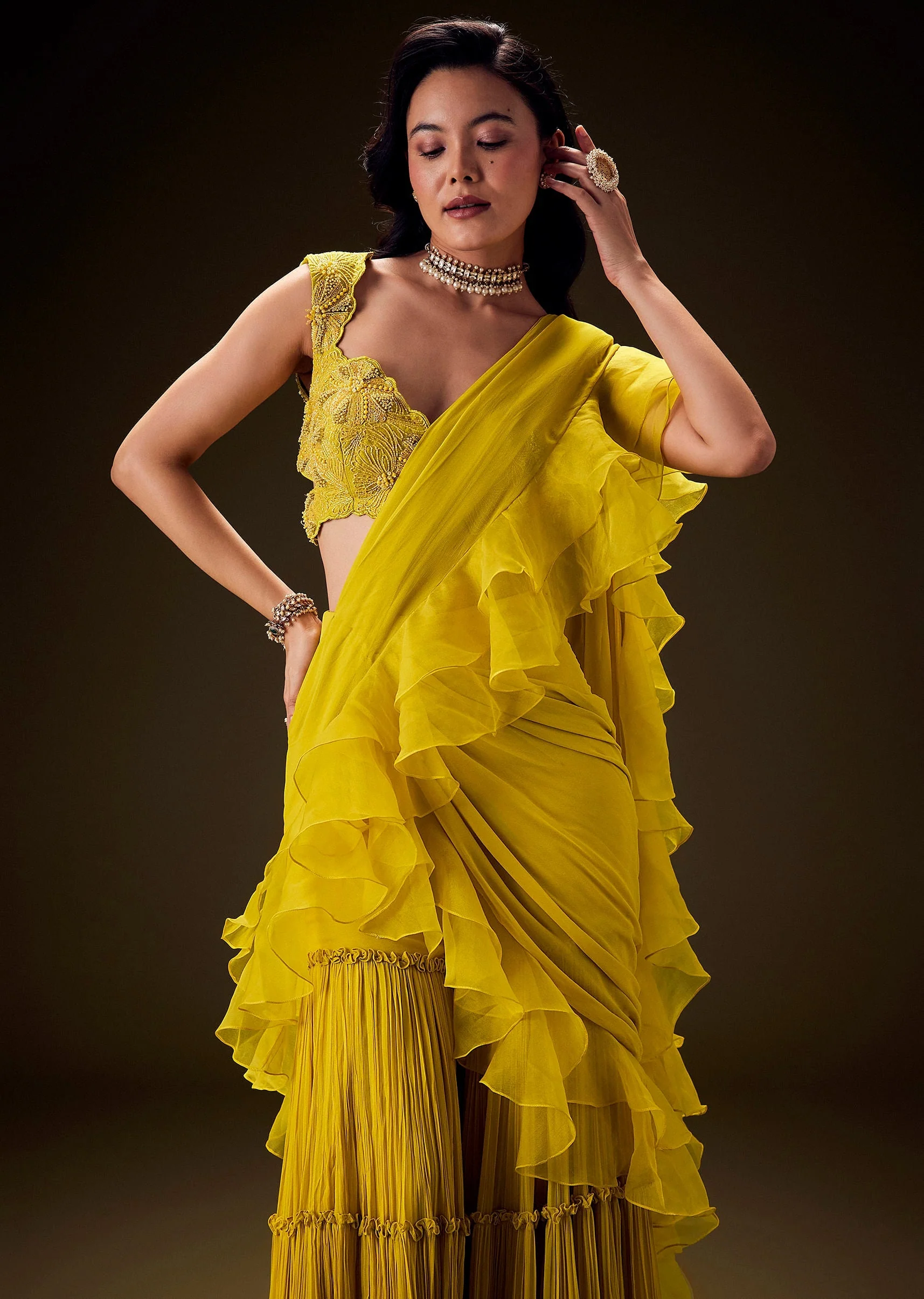 Mustard Embossed Embroidery Sweetheart Neckline Blouse With Tiered Sharara With Drape - Image 2