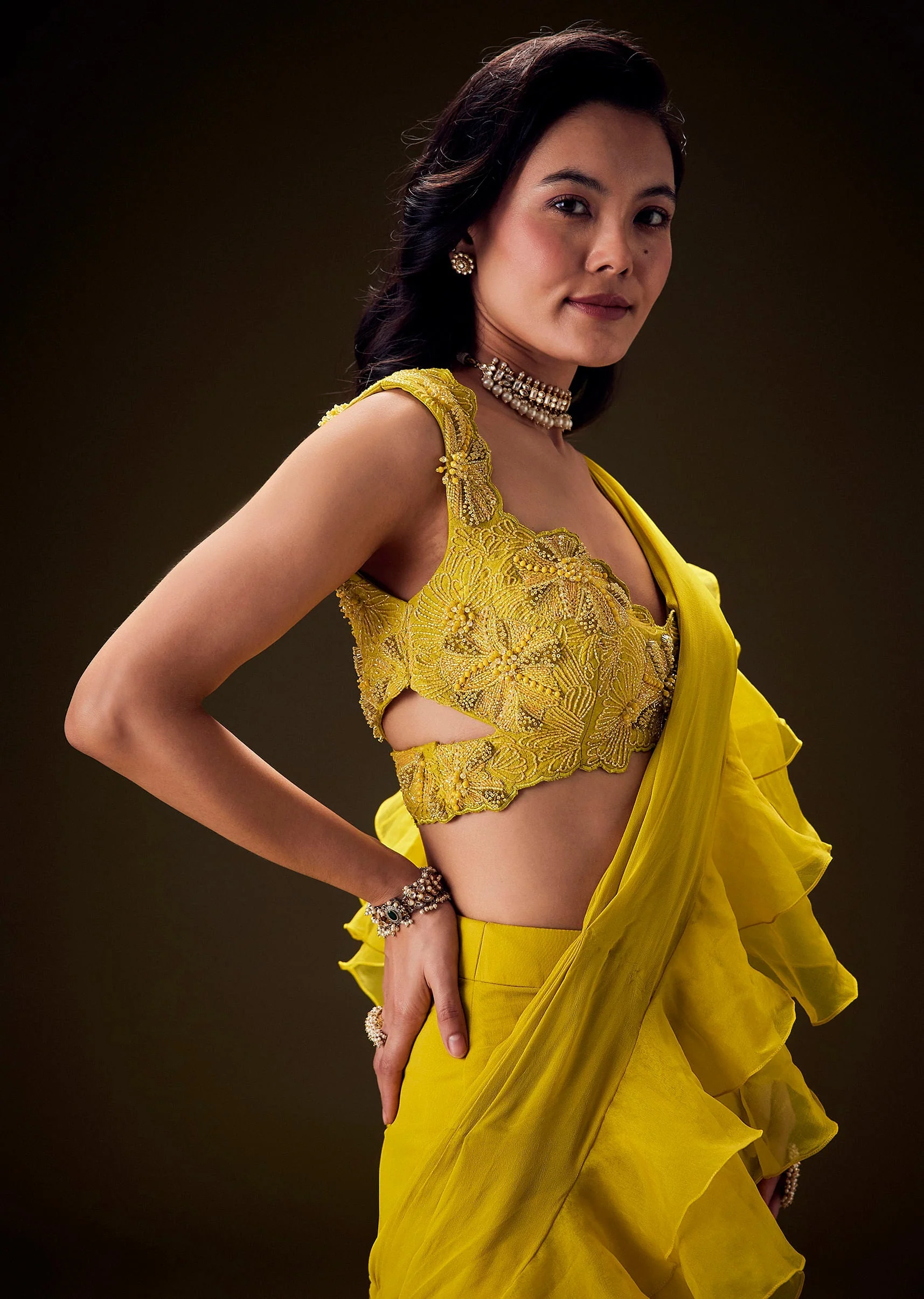 Mustard Embossed Embroidery Sweetheart Neckline Blouse With Tiered Sharara With Drape - Image 4