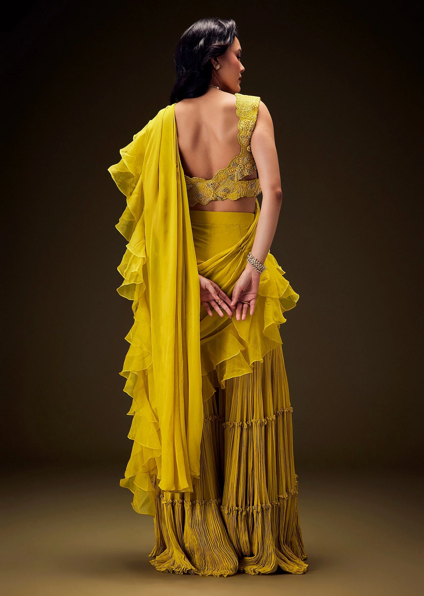 Mustard Embossed Embroidery Sweetheart Neckline Blouse With Tiered Sharara With Drape - Image 5