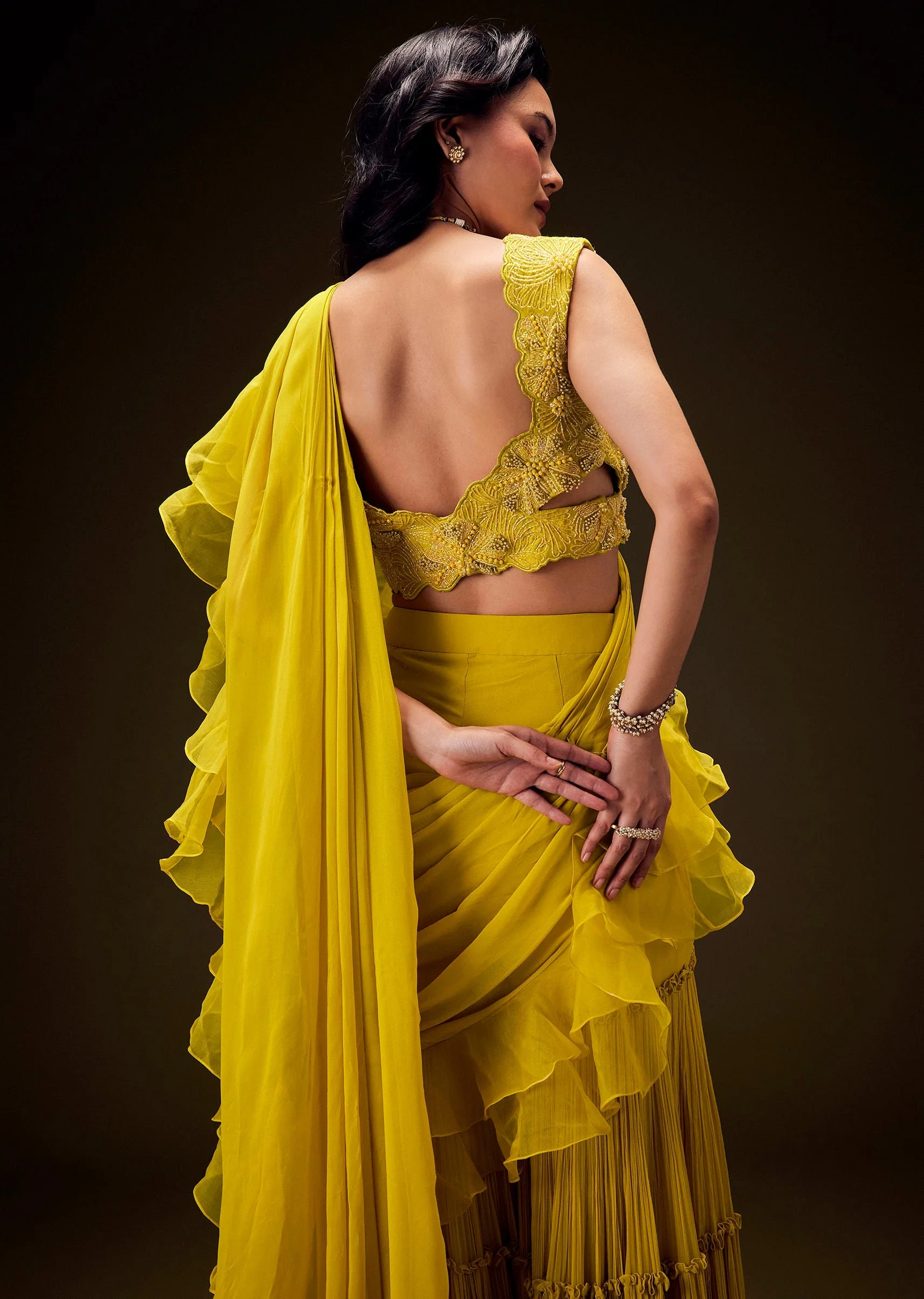 Mustard Embossed Embroidery Sweetheart Neckline Blouse With Tiered Sharara With Drape - Image 6