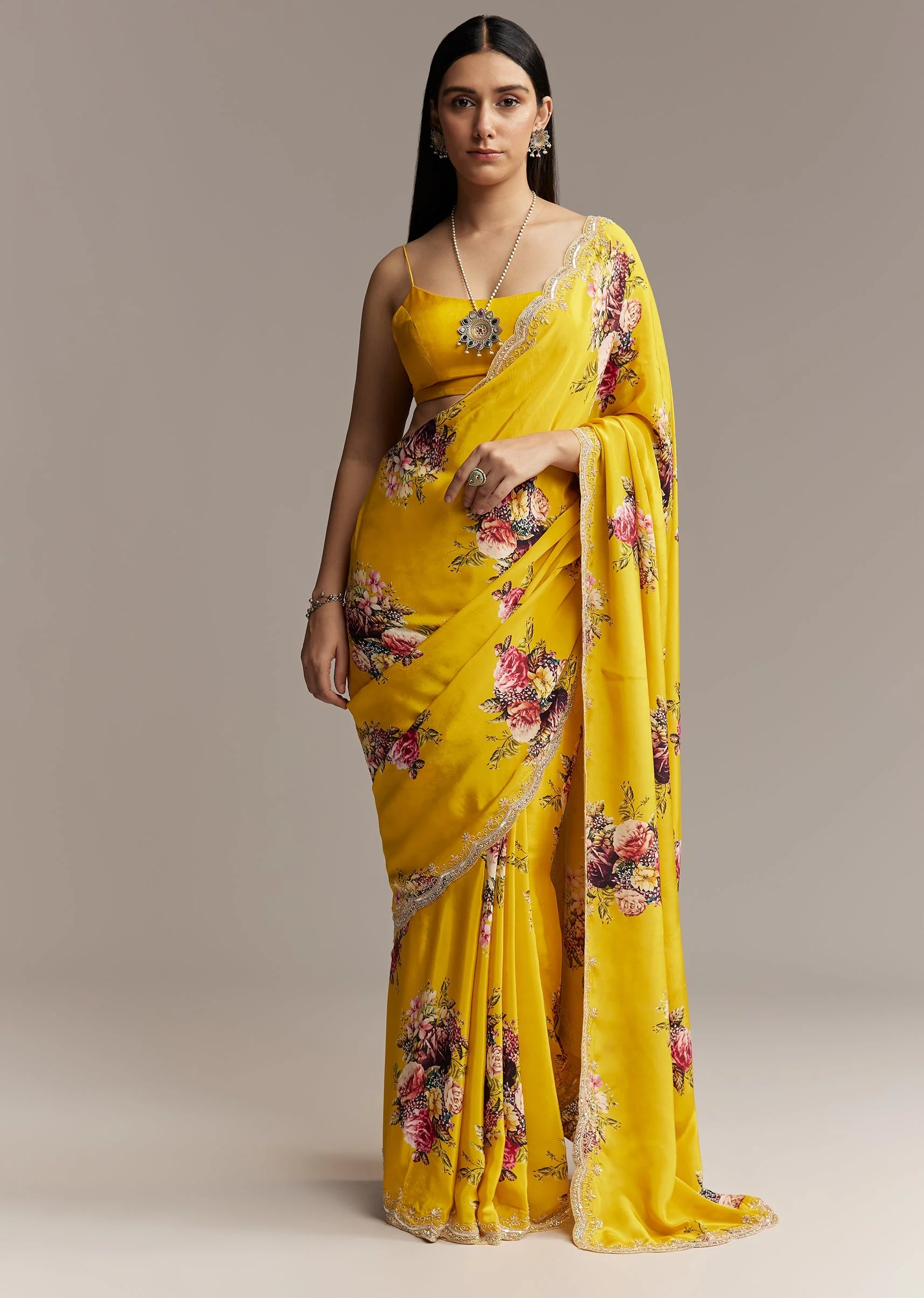 Mustard Floral Crepe Saree With Embroidered Scallop Border - Image 3