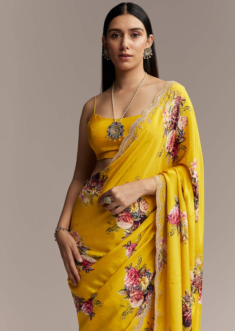 Mustard Floral Crepe Saree With Embroidered Scallop Border - Image 5