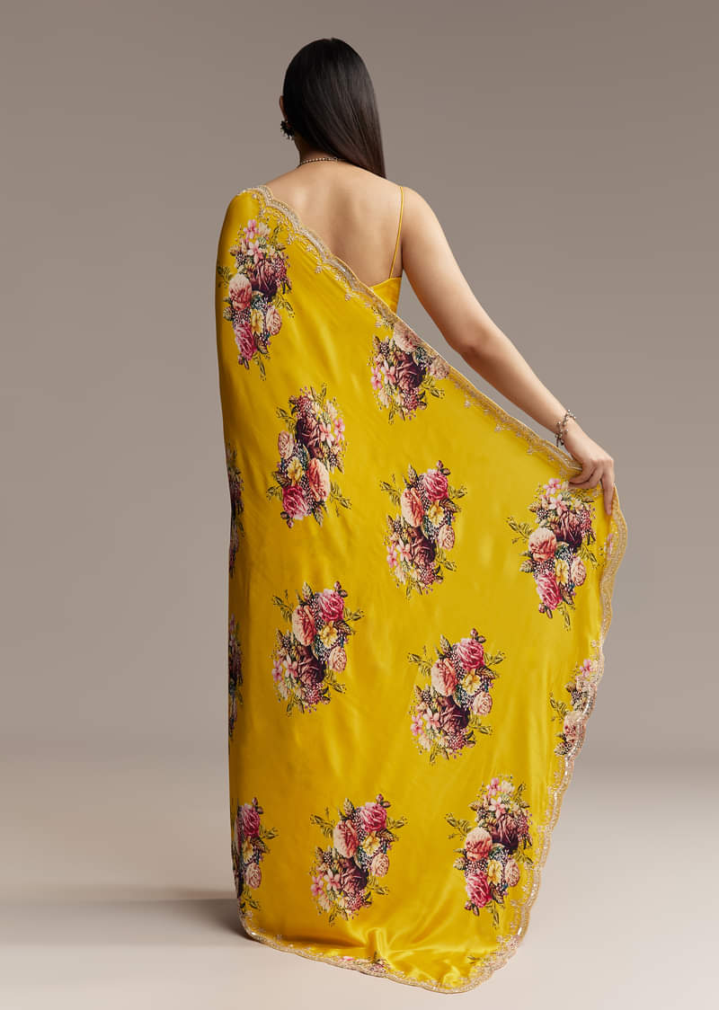 Mustard Floral Crepe Saree With Embroidered Scallop Border - Image 6