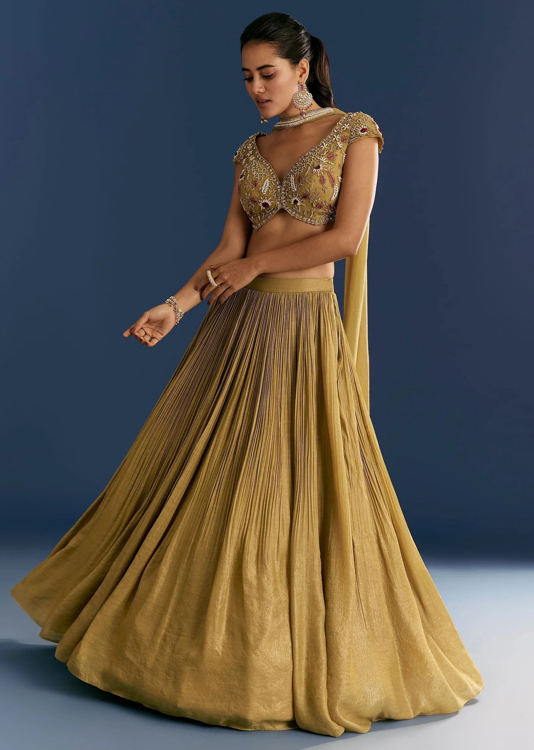 Mustard French Tissue Lehenga With Embroidered Blouse And Choker Dupatta - Image 3