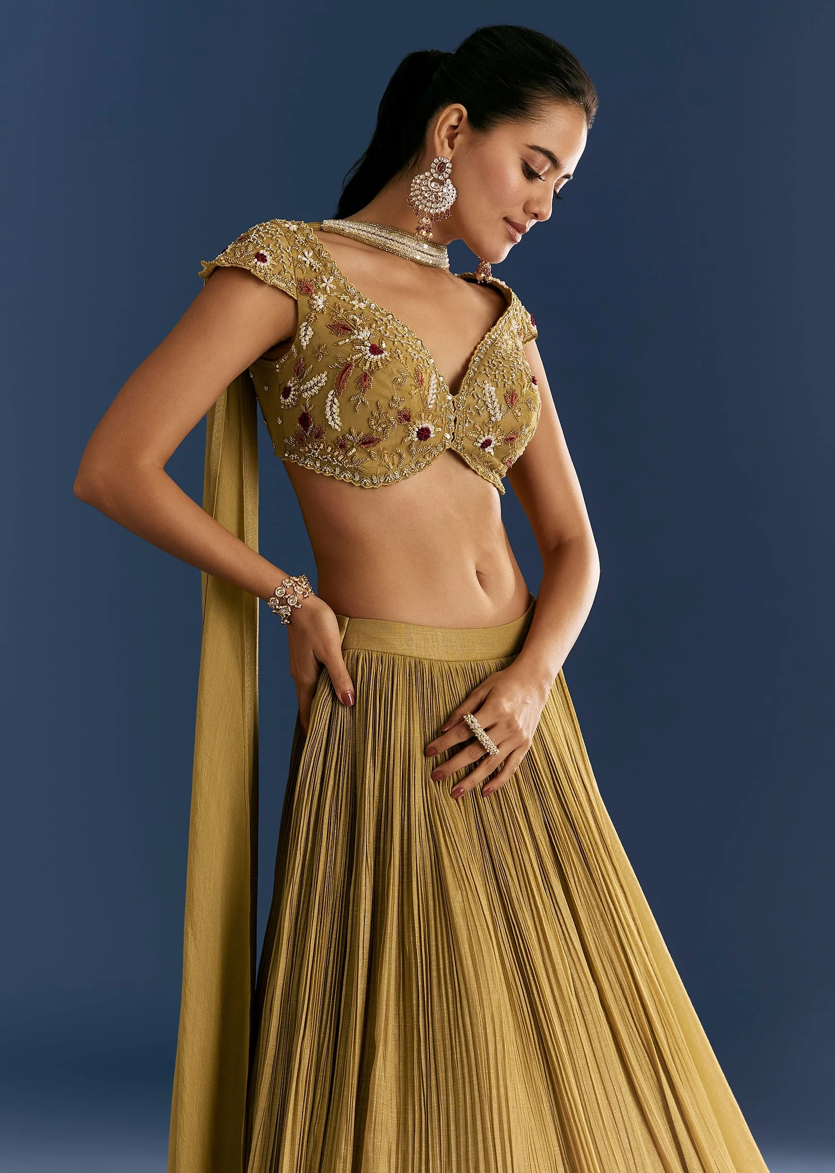 Mustard French Tissue Lehenga With Embroidered Blouse And Choker Dupatta - Image 4