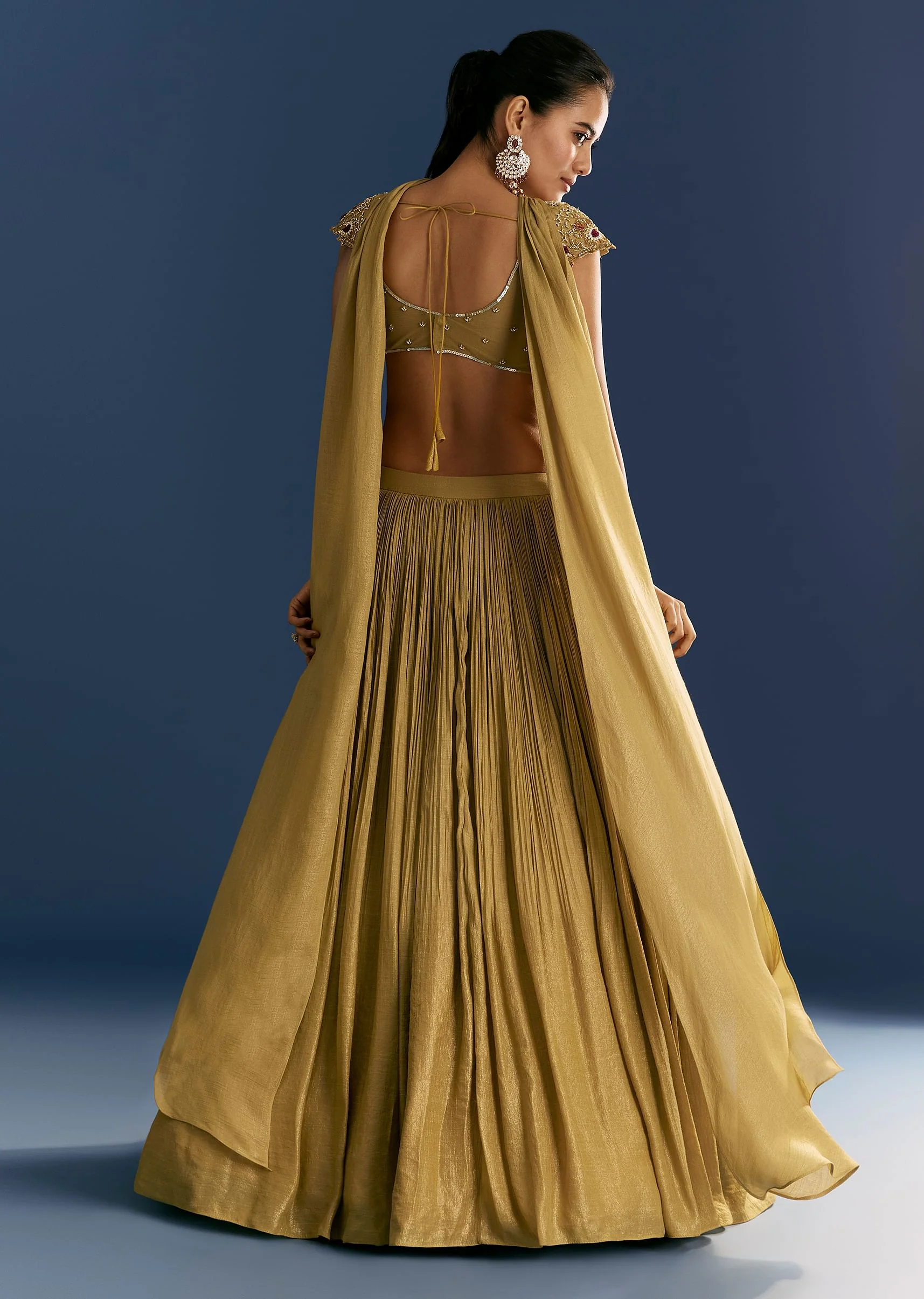 Mustard French Tissue Lehenga With Embroidered Blouse And Choker Dupatta - Image 5