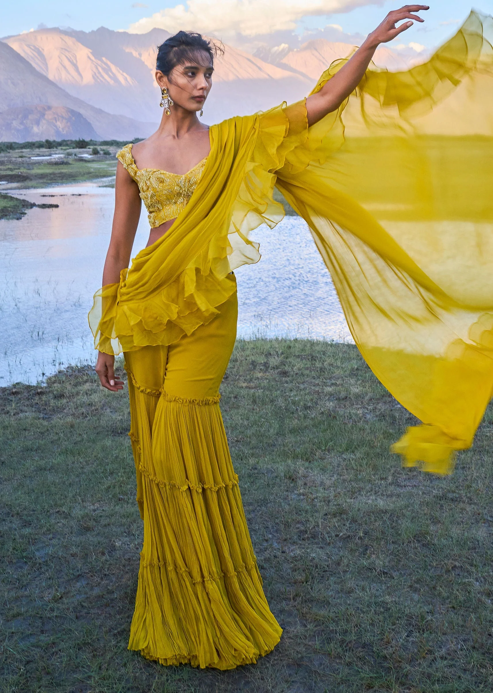 Mustard Georgette Pre Draped Sharara With Embroidered Blouse - Image 4