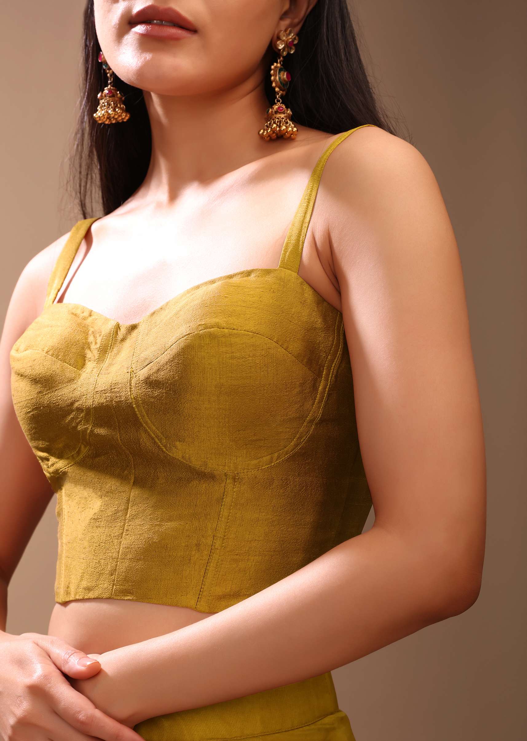 Mustard Gold Corset Top In Raw Silk With Strap Sleeves And Boning Detailing