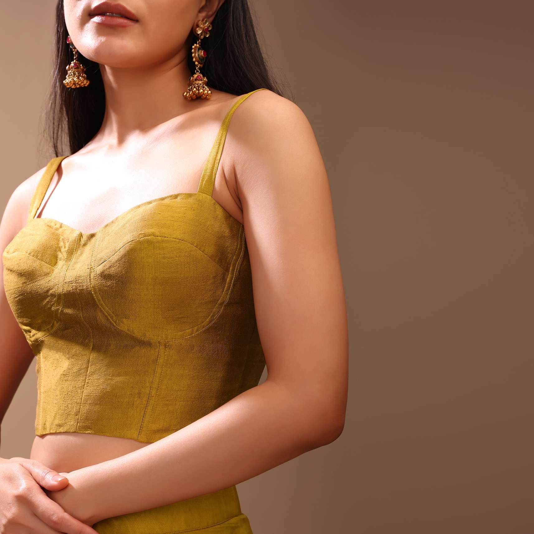Mustard Gold Corset Top In Raw Silk With Strap Sleeves And Boning Detailing - Image 2