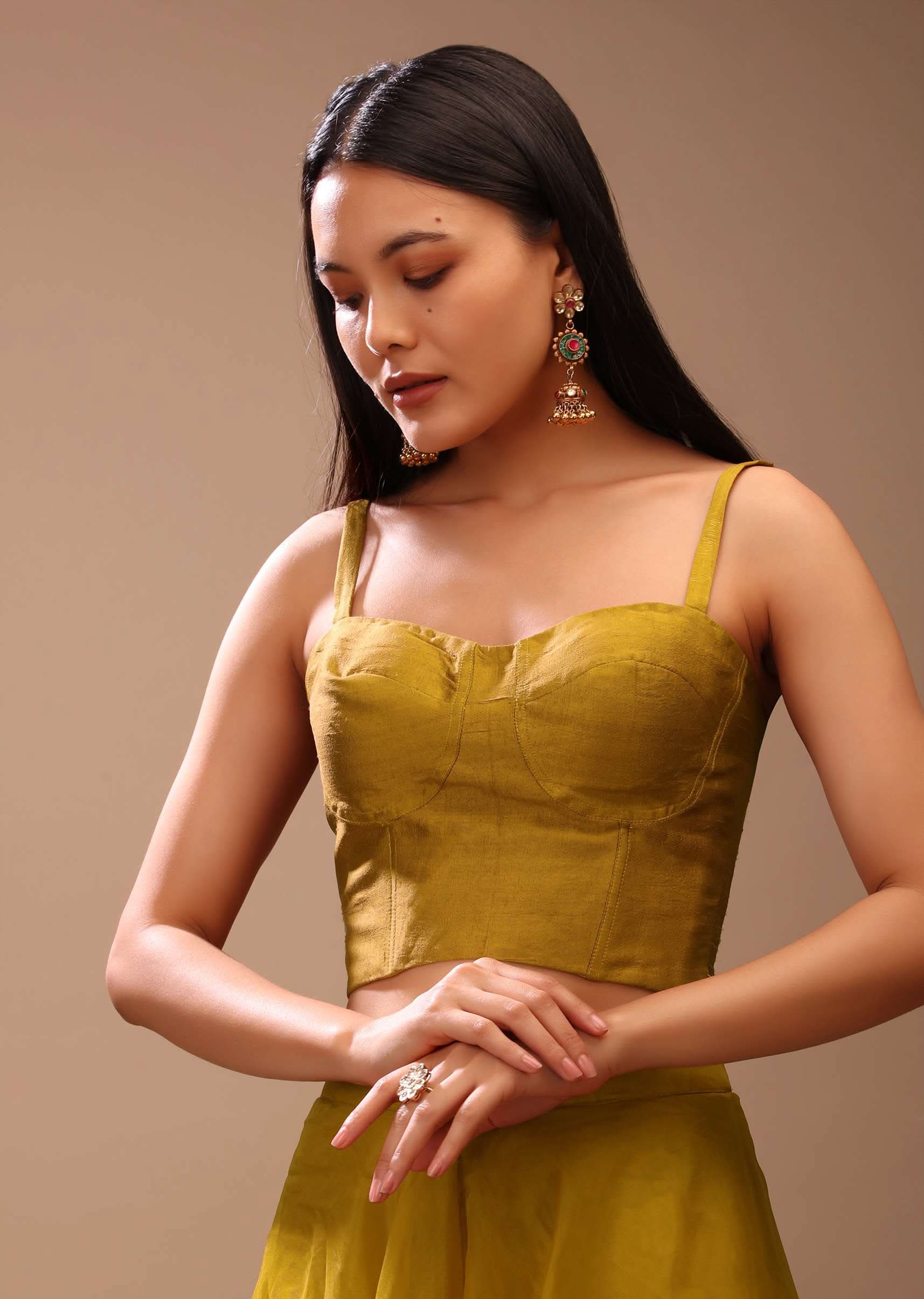Mustard Gold Corset Top In Raw Silk With Strap Sleeves And Boning Detailing - Image 3