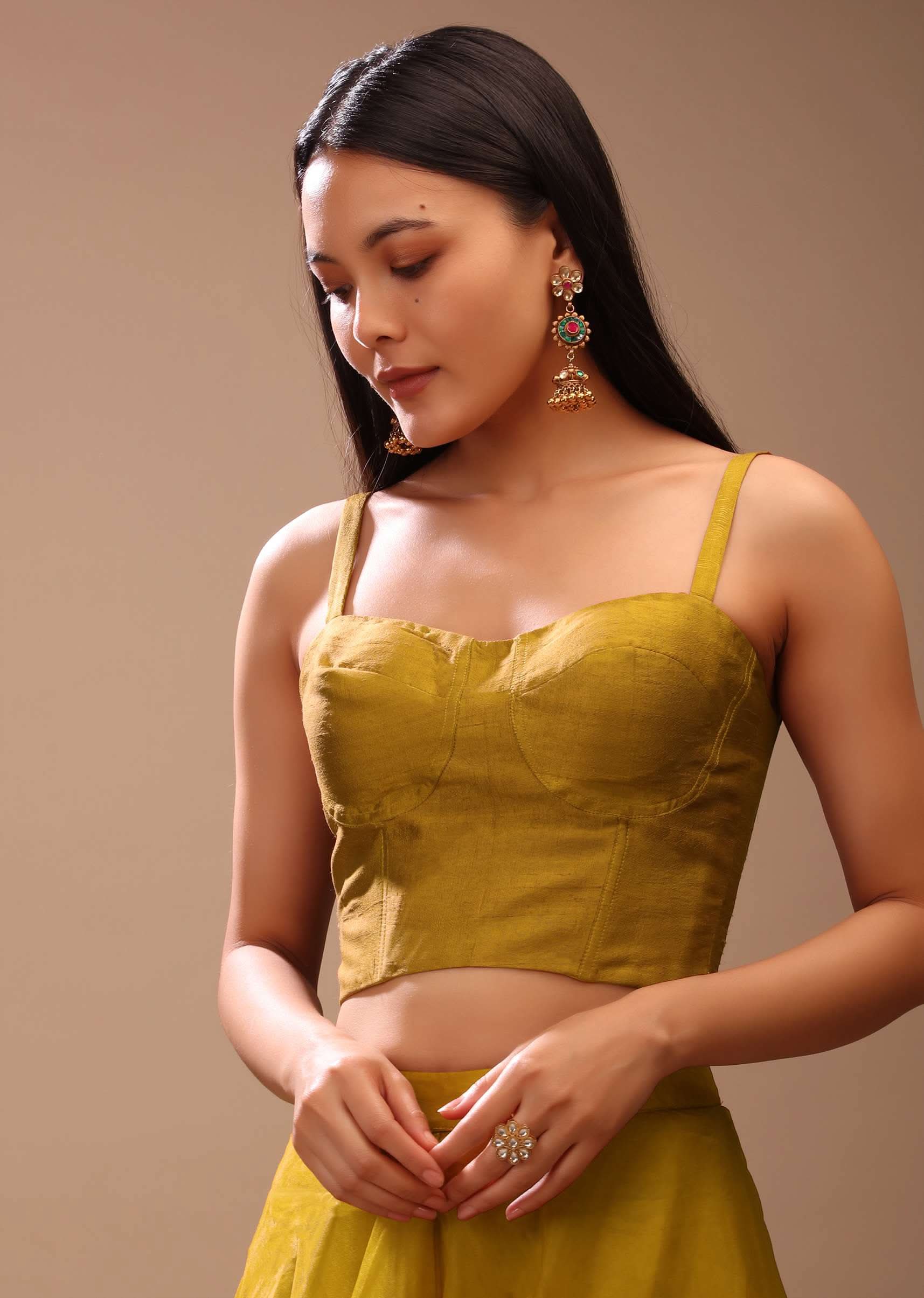 Mustard Gold Corset Top In Raw Silk With Strap Sleeves And Boning Detailing - Image 4