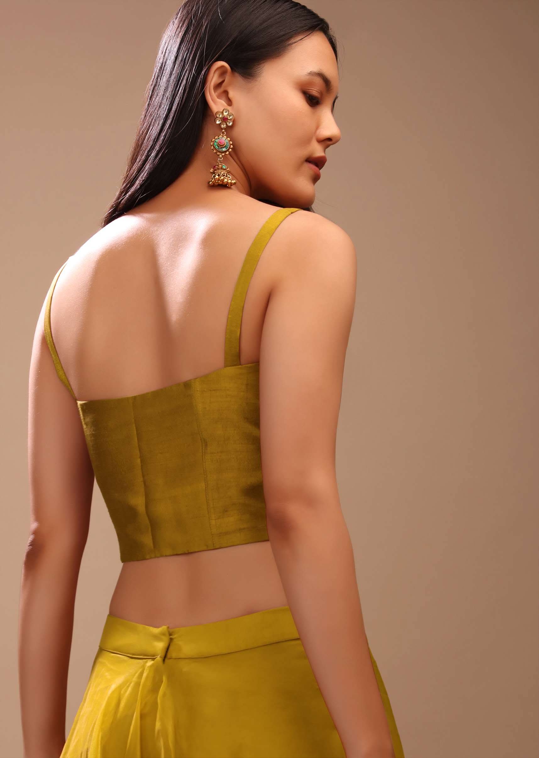 Mustard Gold Corset Top In Raw Silk With Strap Sleeves And Boning Detailing - Image 5