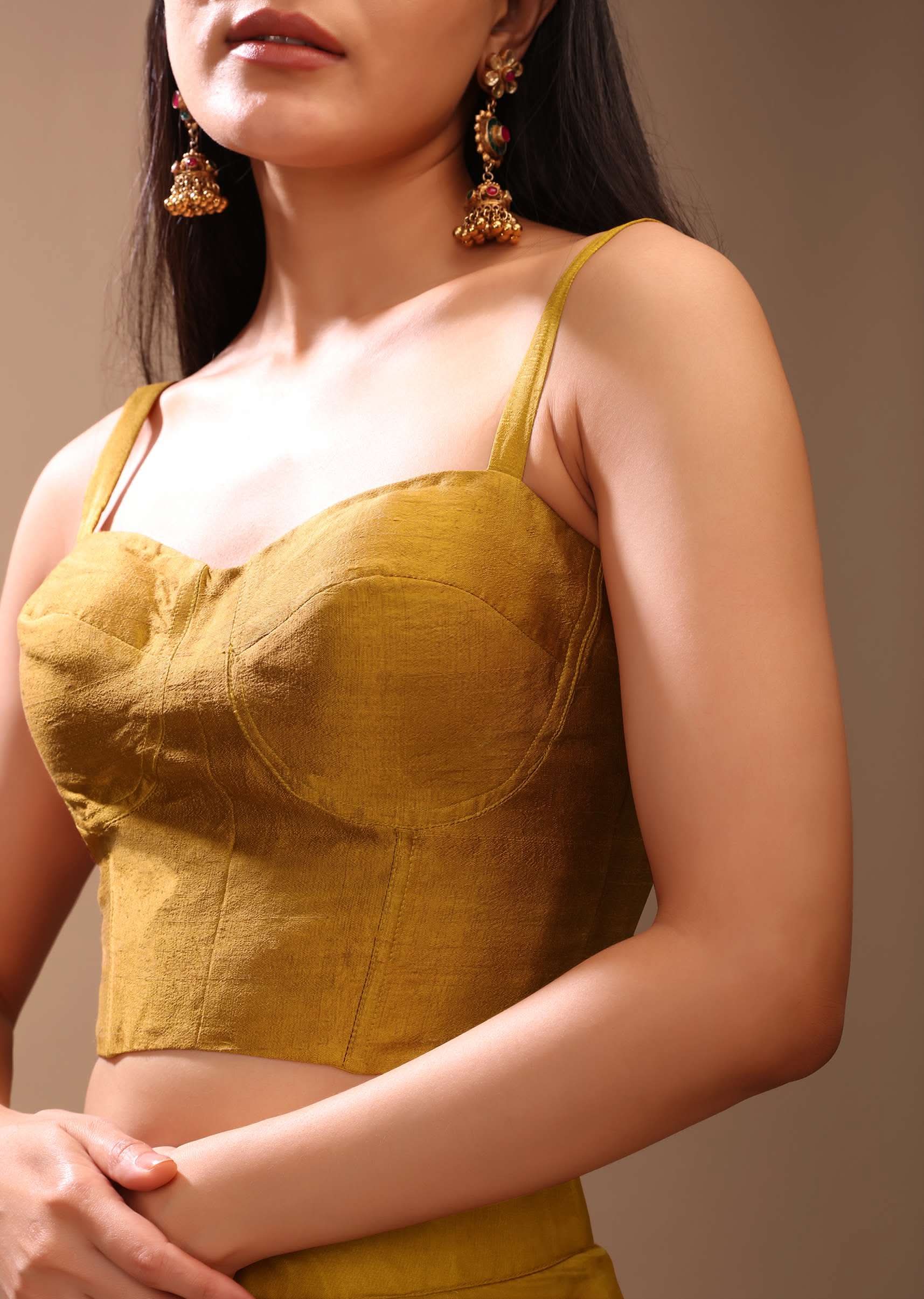Mustard Gold Corset Top In Raw Silk With Strap Sleeves And Boning Detailing - Image 6