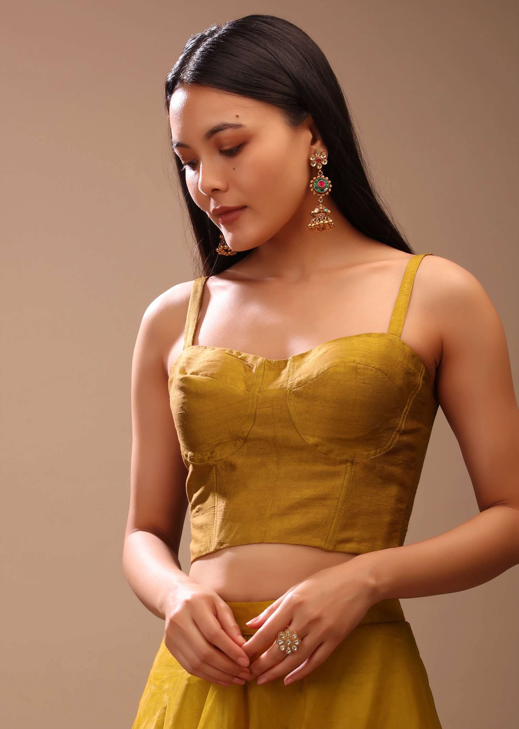 Mustard Gold Corset Top In Raw Silk With Strap Sleeves And Boning Detailing - Image 7