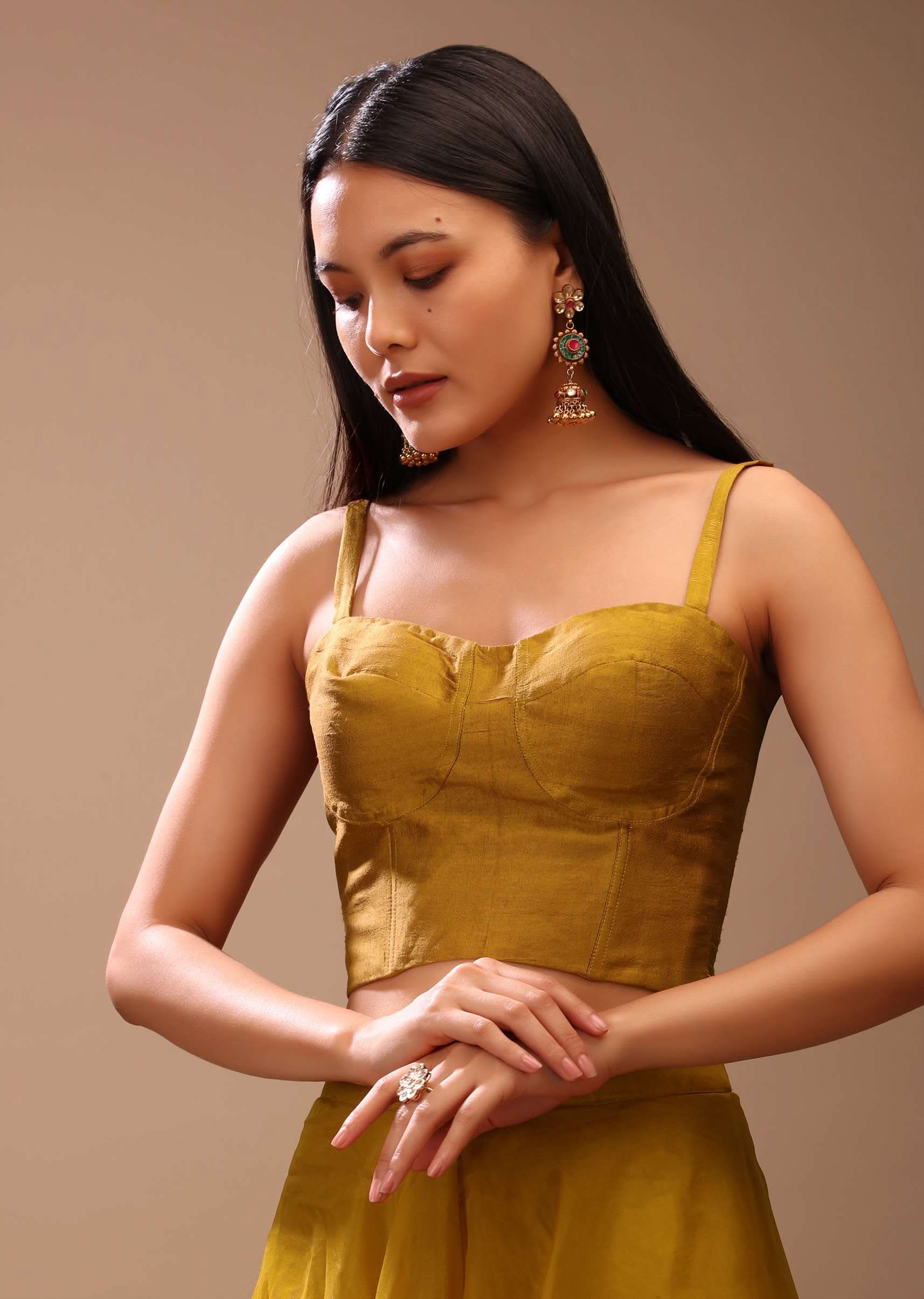 Mustard Gold Corset Top In Raw Silk With Strap Sleeves And Boning Detailing - Image 8