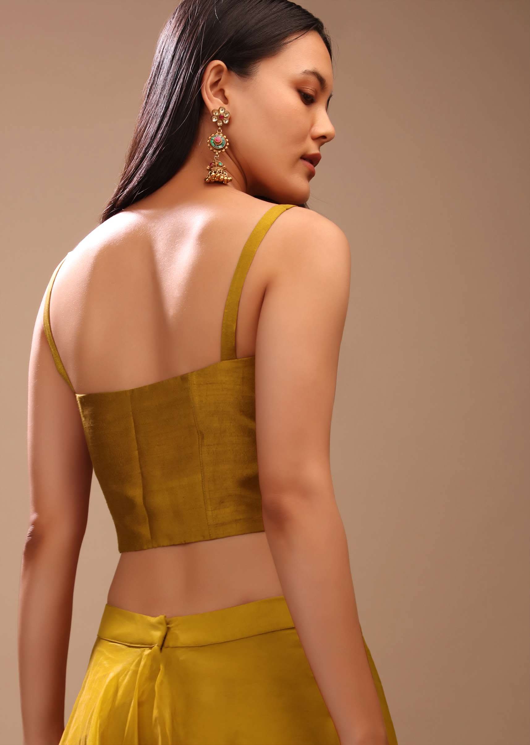 Mustard Gold Corset Top In Raw Silk With Strap Sleeves And Boning Detailing - Image 9