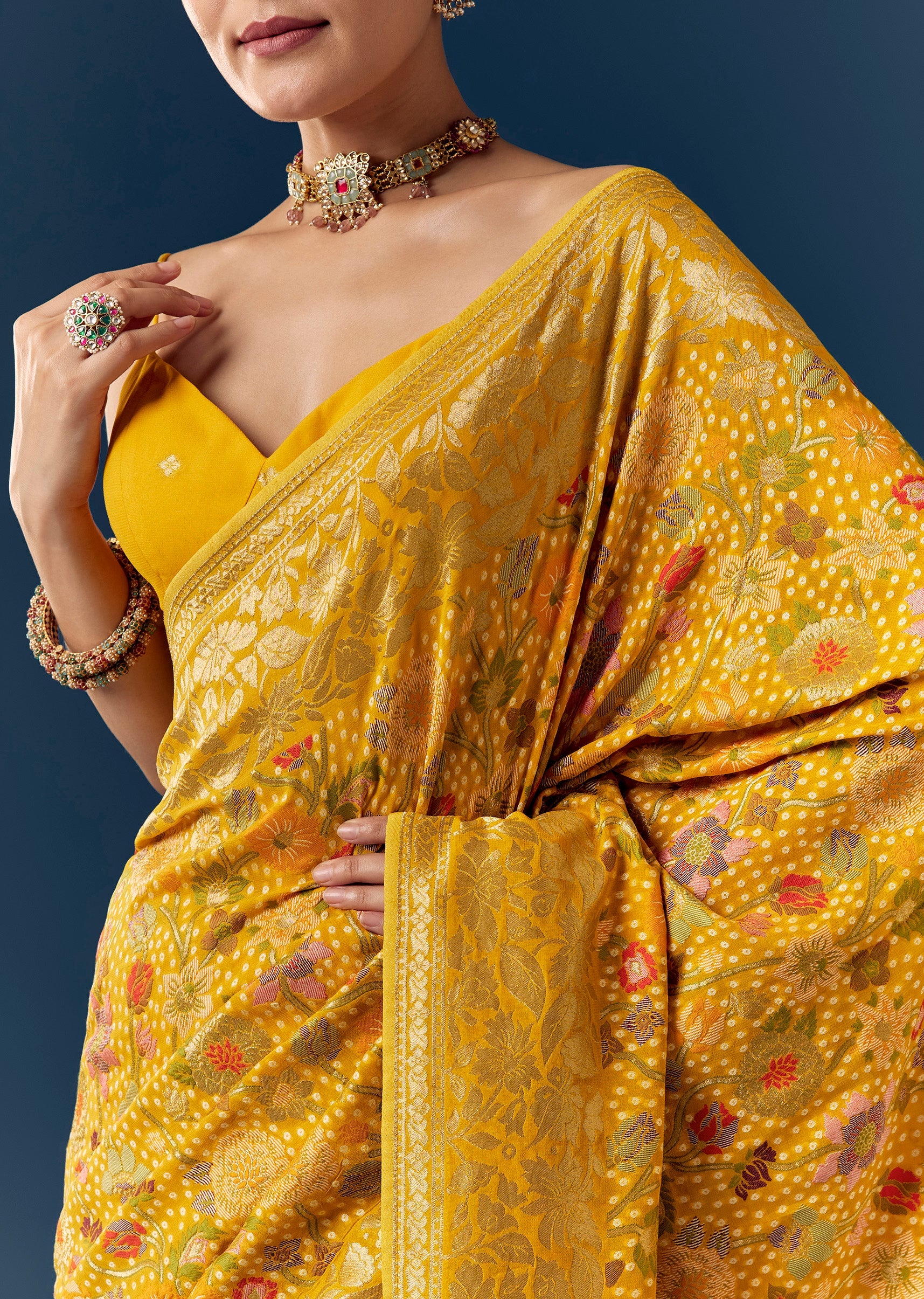 Mustard Jacquard Saree with Multicolour Floral Zari Weave - Image 2