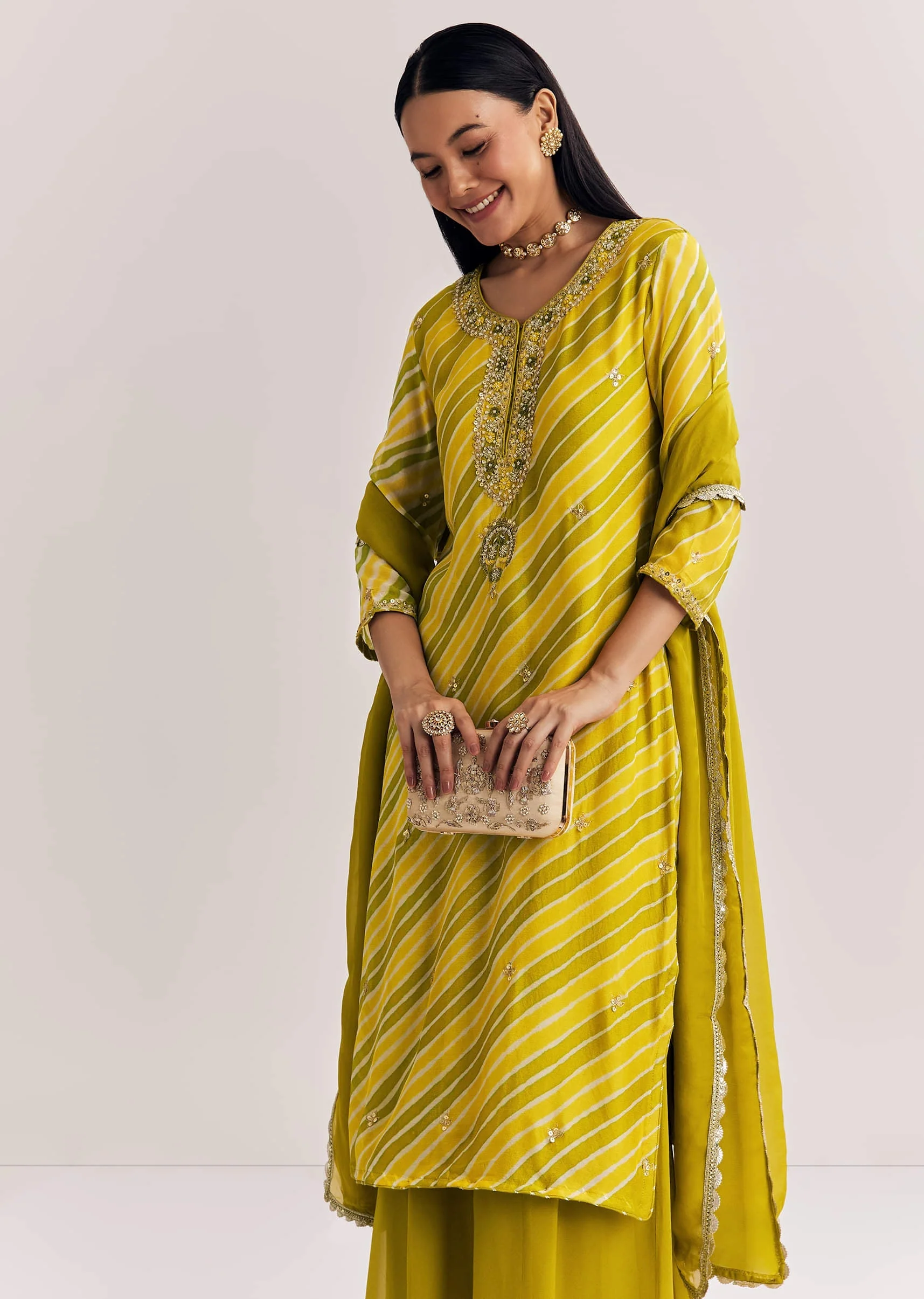 Mustard Leheriya Kurta Palazzo Suit With Cutdana And Sequins Work - Image 3