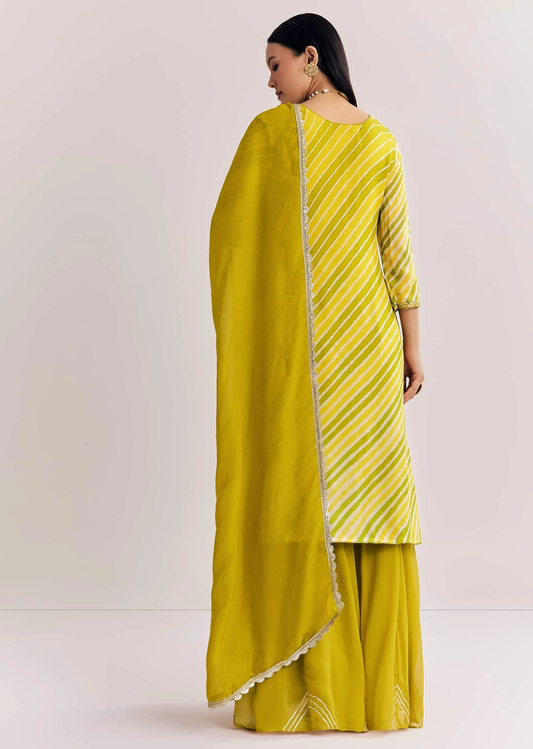 Mustard Leheriya Kurta Palazzo Suit With Cutdana And Sequins Work - Image 5