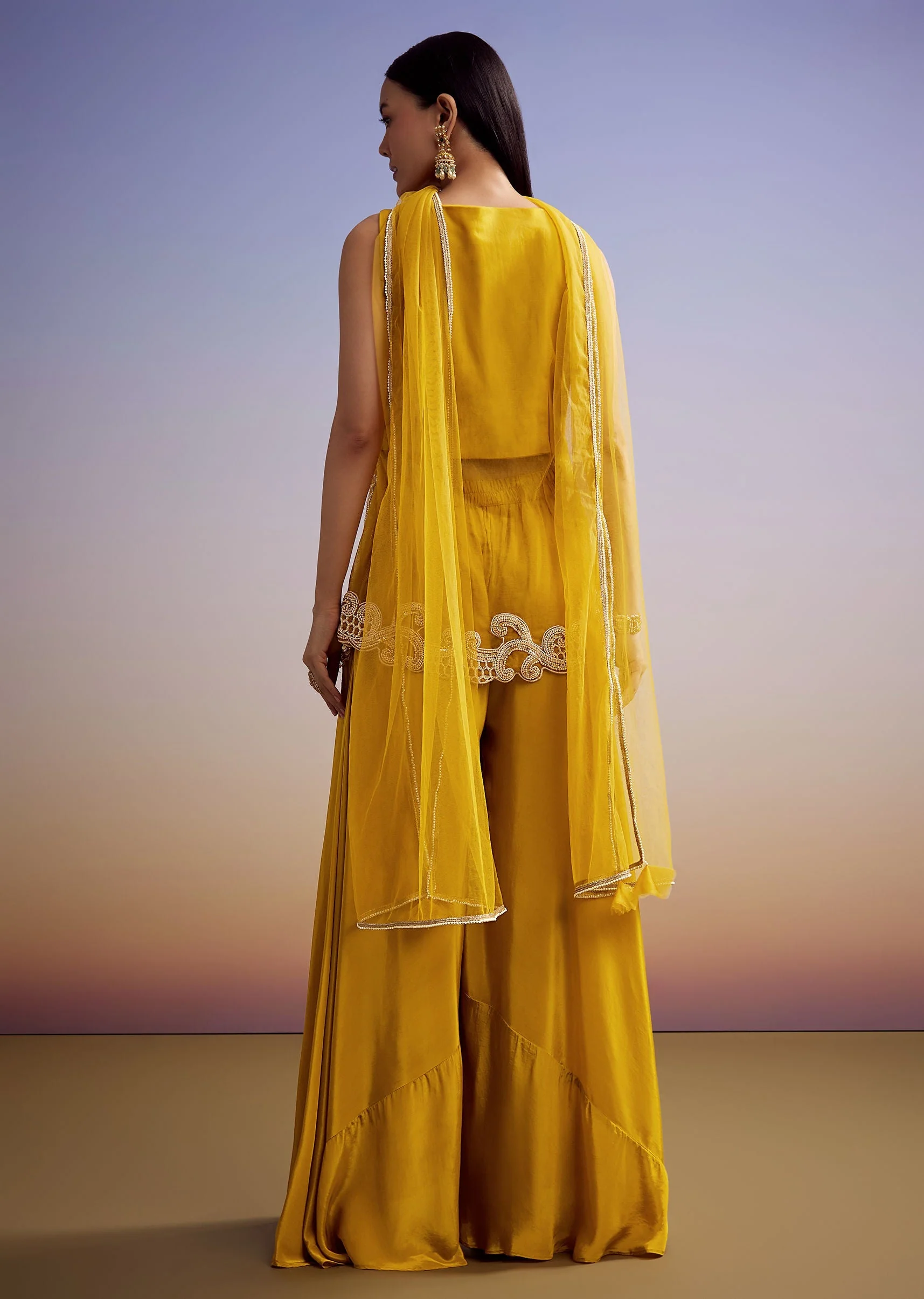 Mustard Net Palazzo Suit With Moti And Cut Dana Work - Image 5