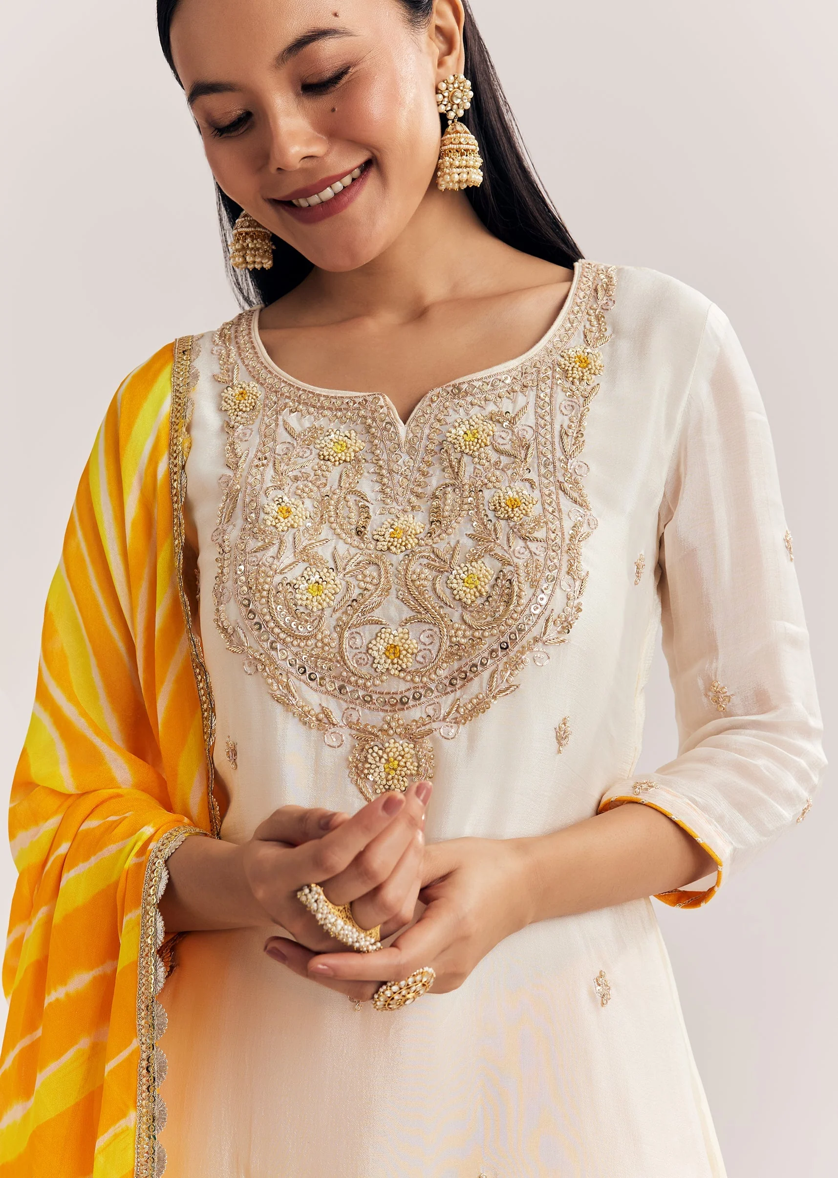 Mustard Ombre Leheriya Kurta Sharara Suit With Cutdana And Sequins Work - Image 2