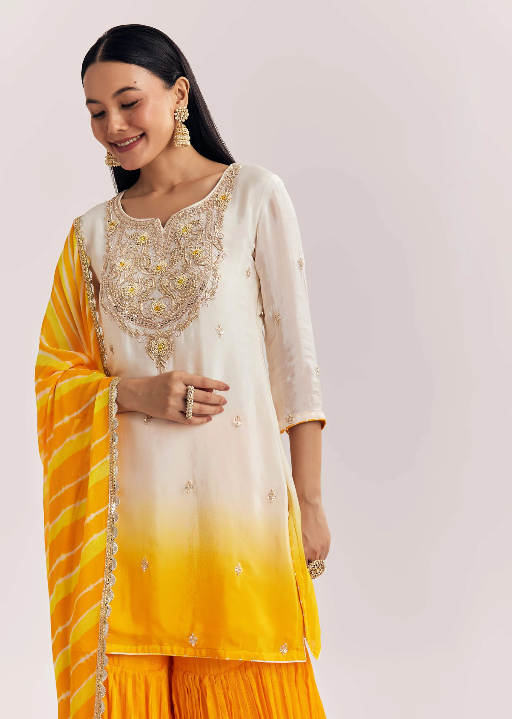Mustard Ombre Leheriya Kurta Sharara Suit With Cutdana And Sequins Work - Image 3