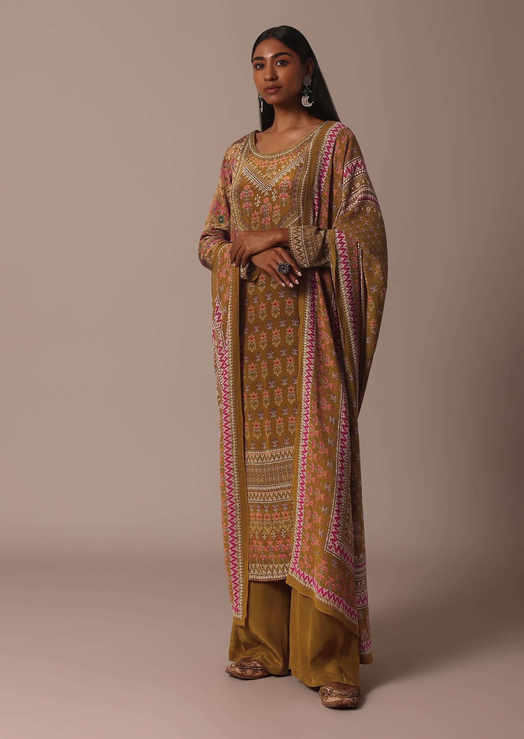 Mustard Printed Palazzo Set In Chiffon With Stone Work Kurta - Image 3