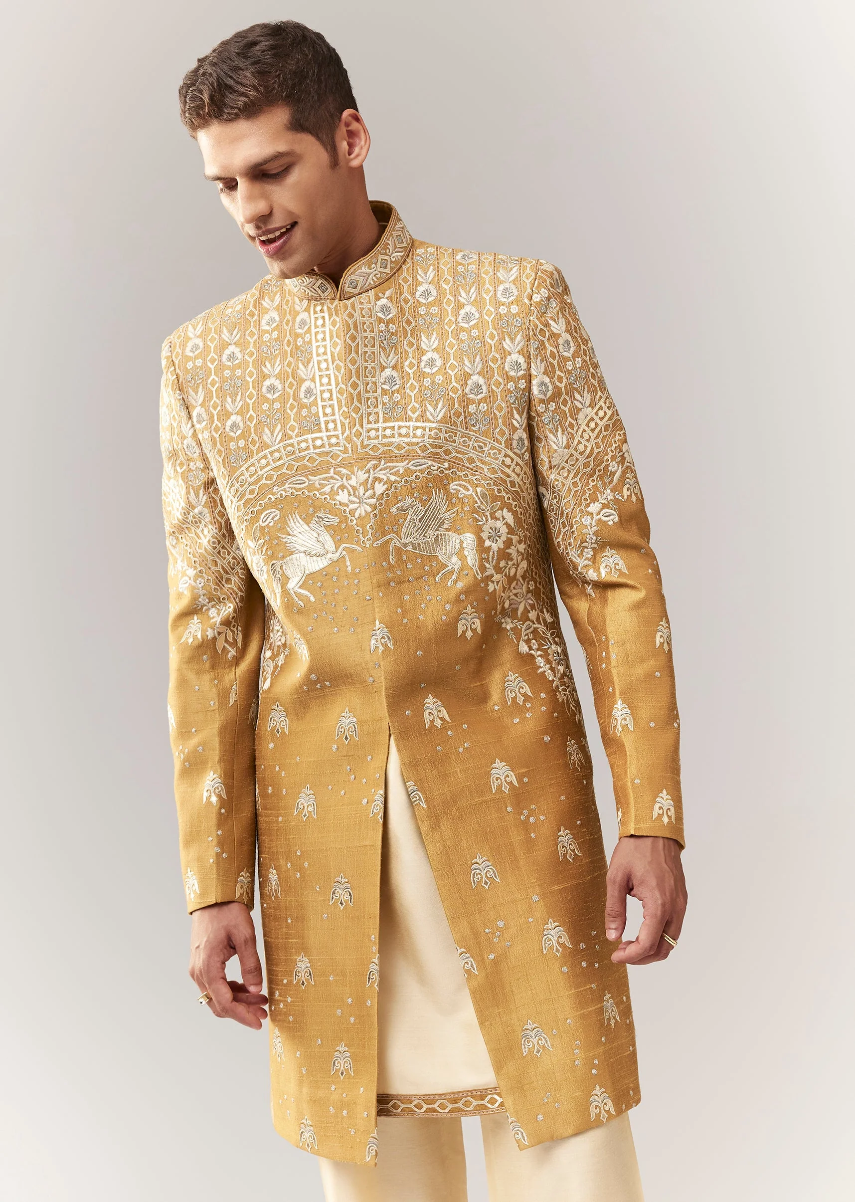 Mustard Raw Silk Indo Western With Applique And Resham Work - Image 4