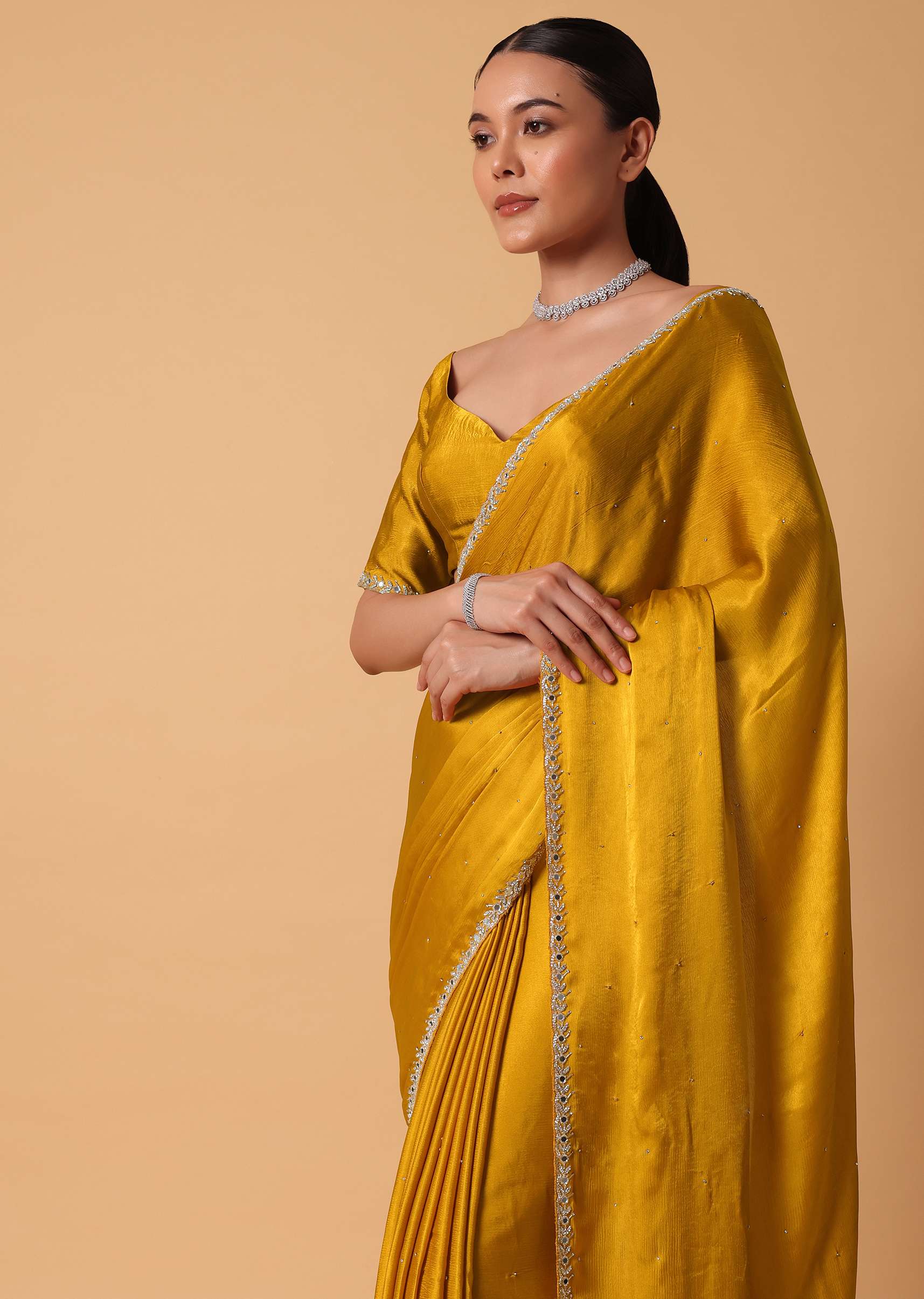 Mustard Satin Chinnon Saree With Mirror Detail Border And Unstitched Blouse Piece - Image 2